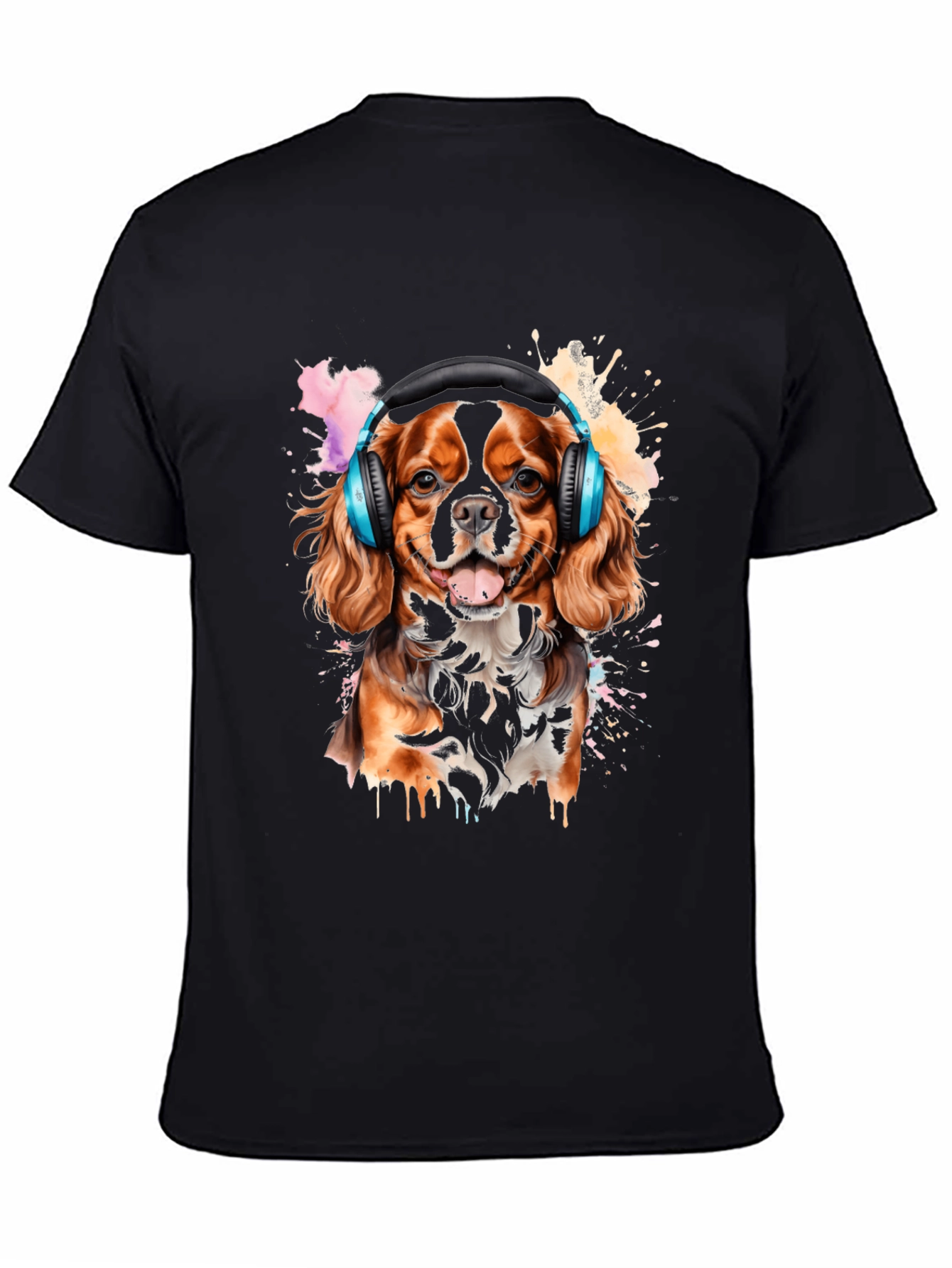 Dog with Headphones Black T-Shirt