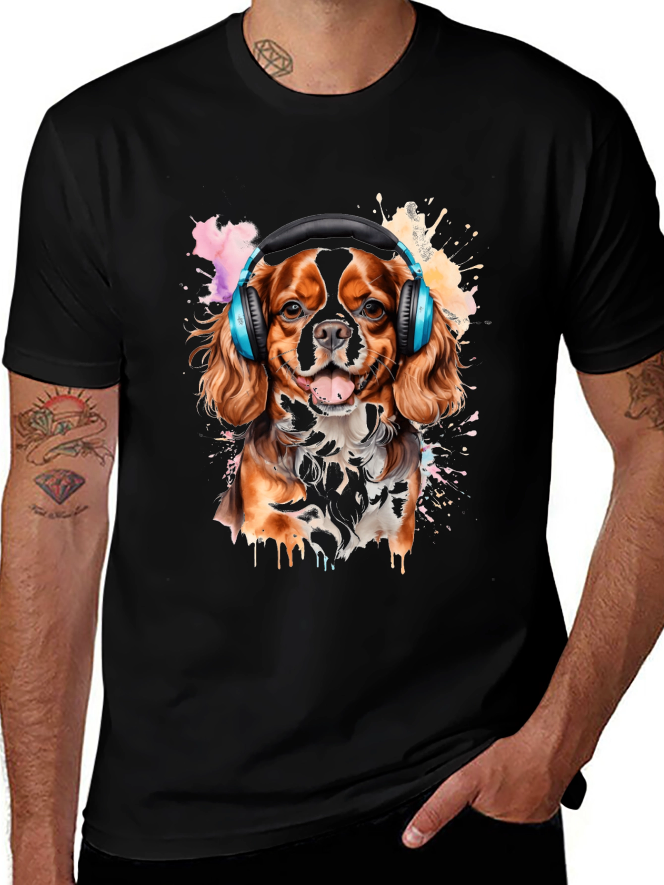 Dog with Headphones Black T-Shirt