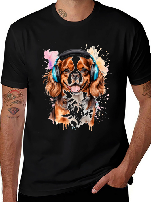 Dog with Headphones Black T-Shirt
