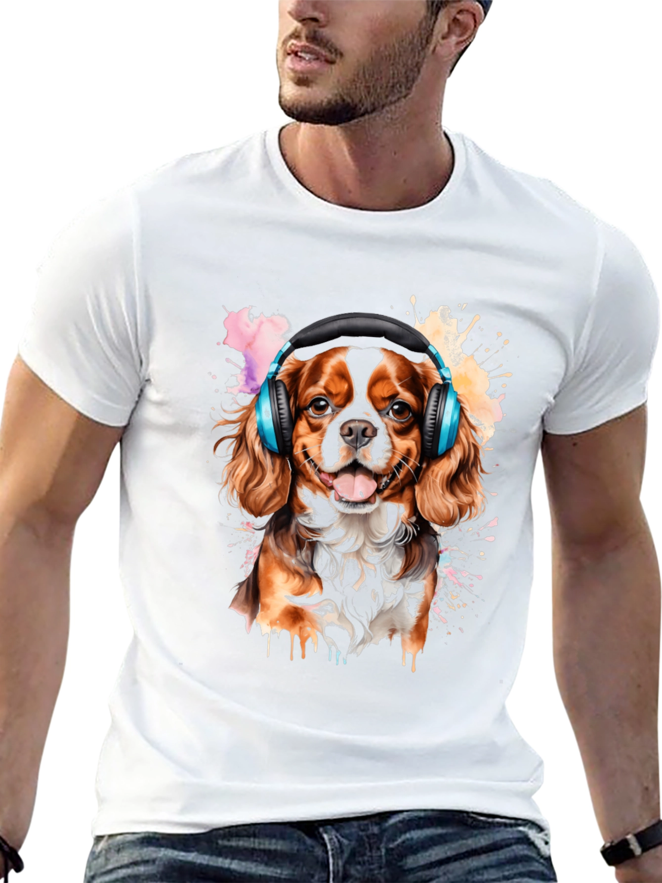 Dog with Headphones Black T-Shirt