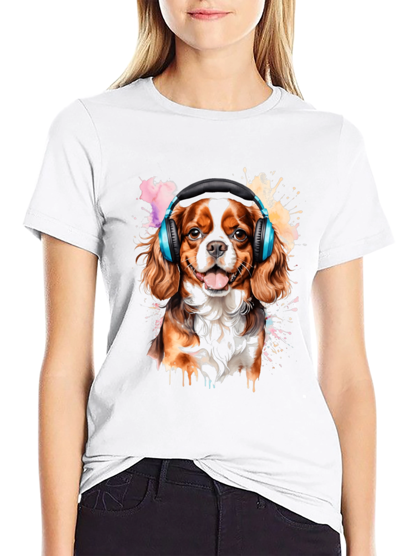 Dog with Headphones Black T-Shirt