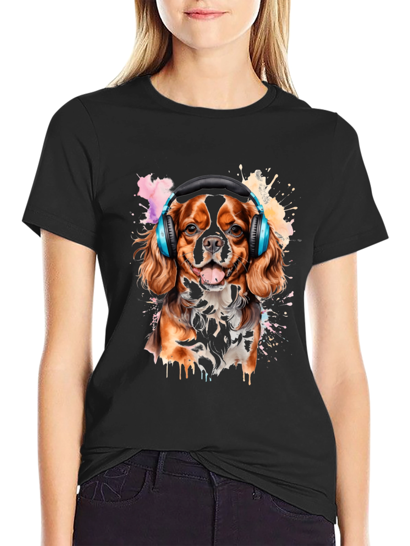 Dog with Headphones Black T-Shirt