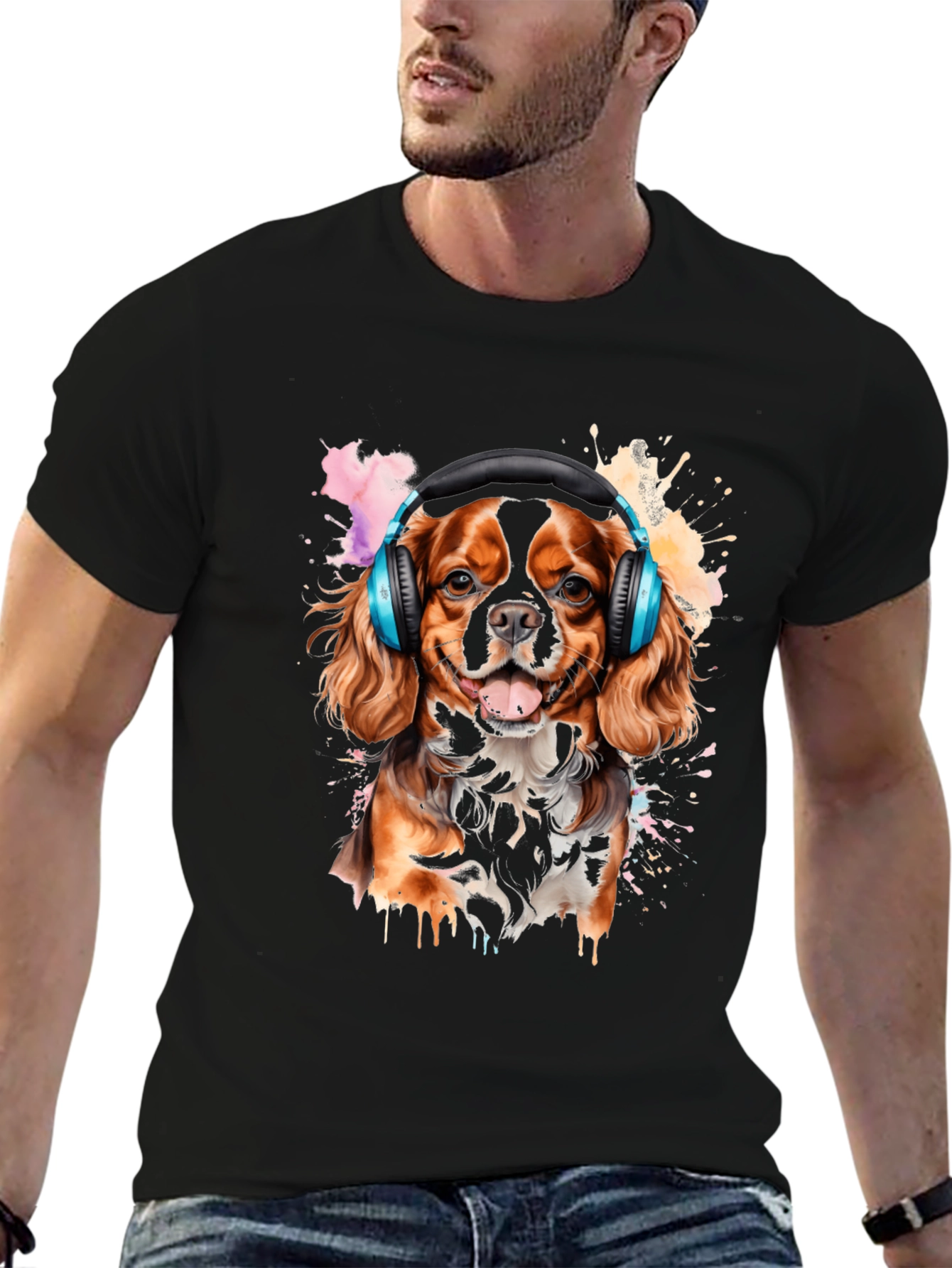 Dog with Headphones Black T-Shirt