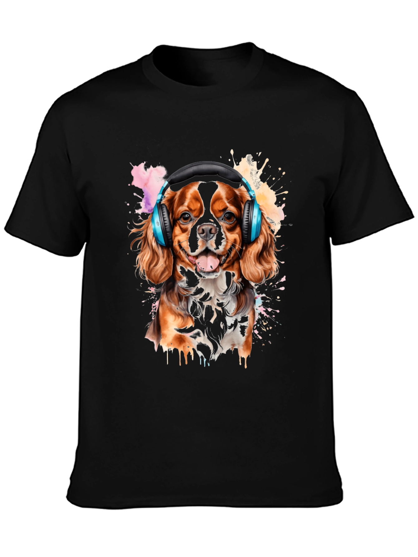 Dog with Headphones Black T-Shirt