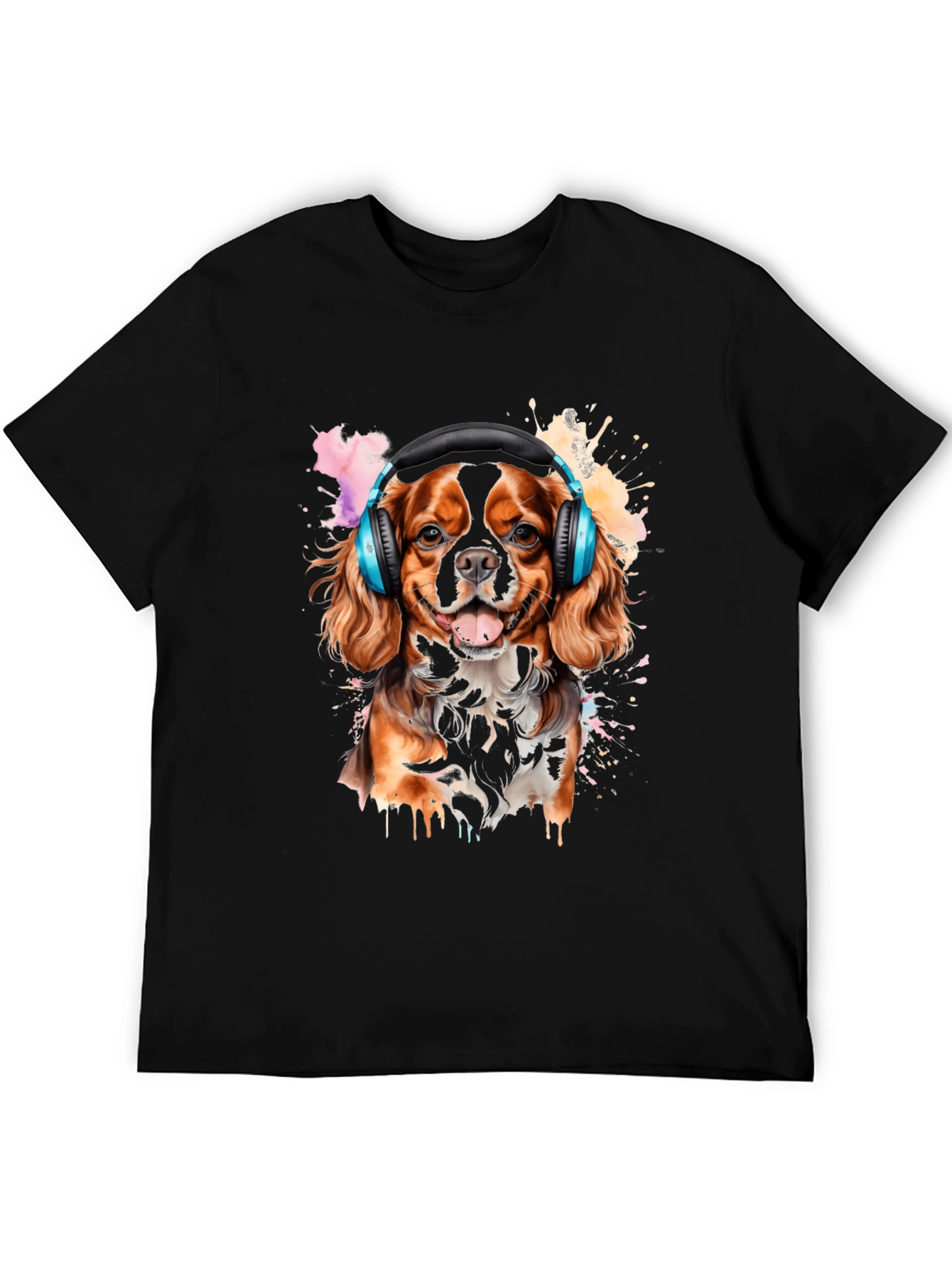 Dog with Headphones Black T-Shirt