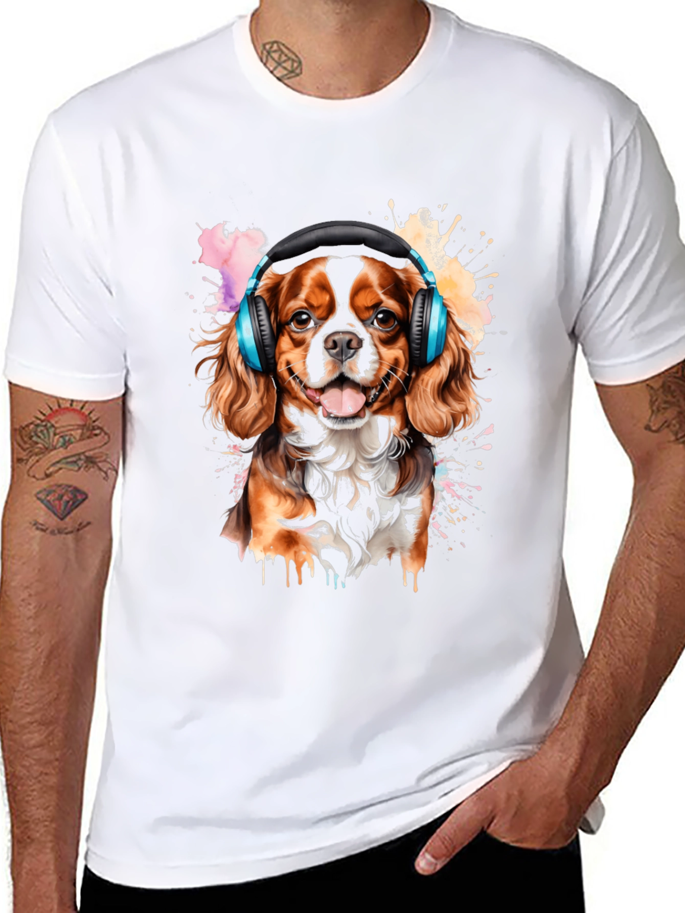 Dog with Headphones Black T-Shirt