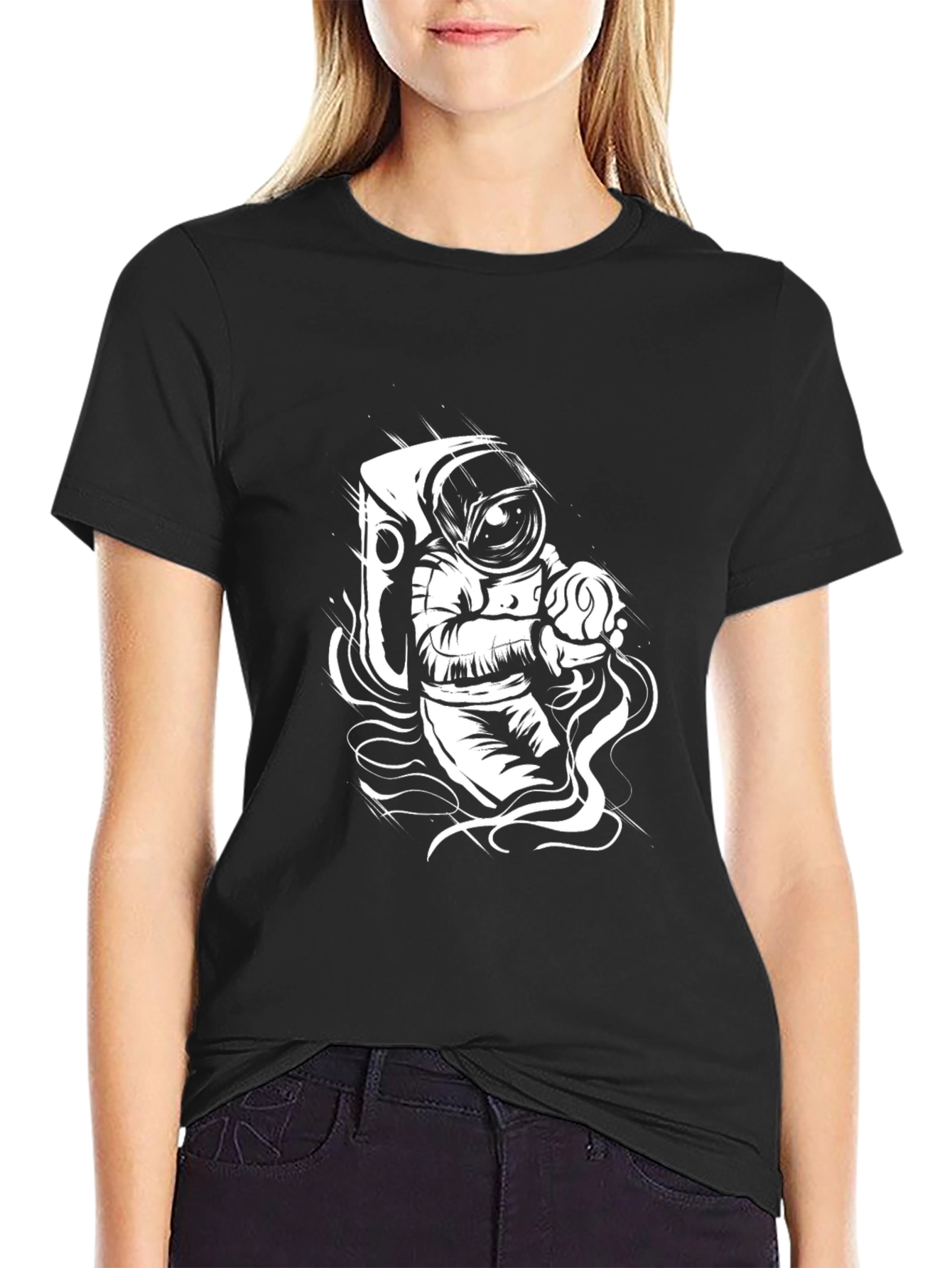 Astronaut Graphic Tee - Black Cotton Crew Neck T-Shirt