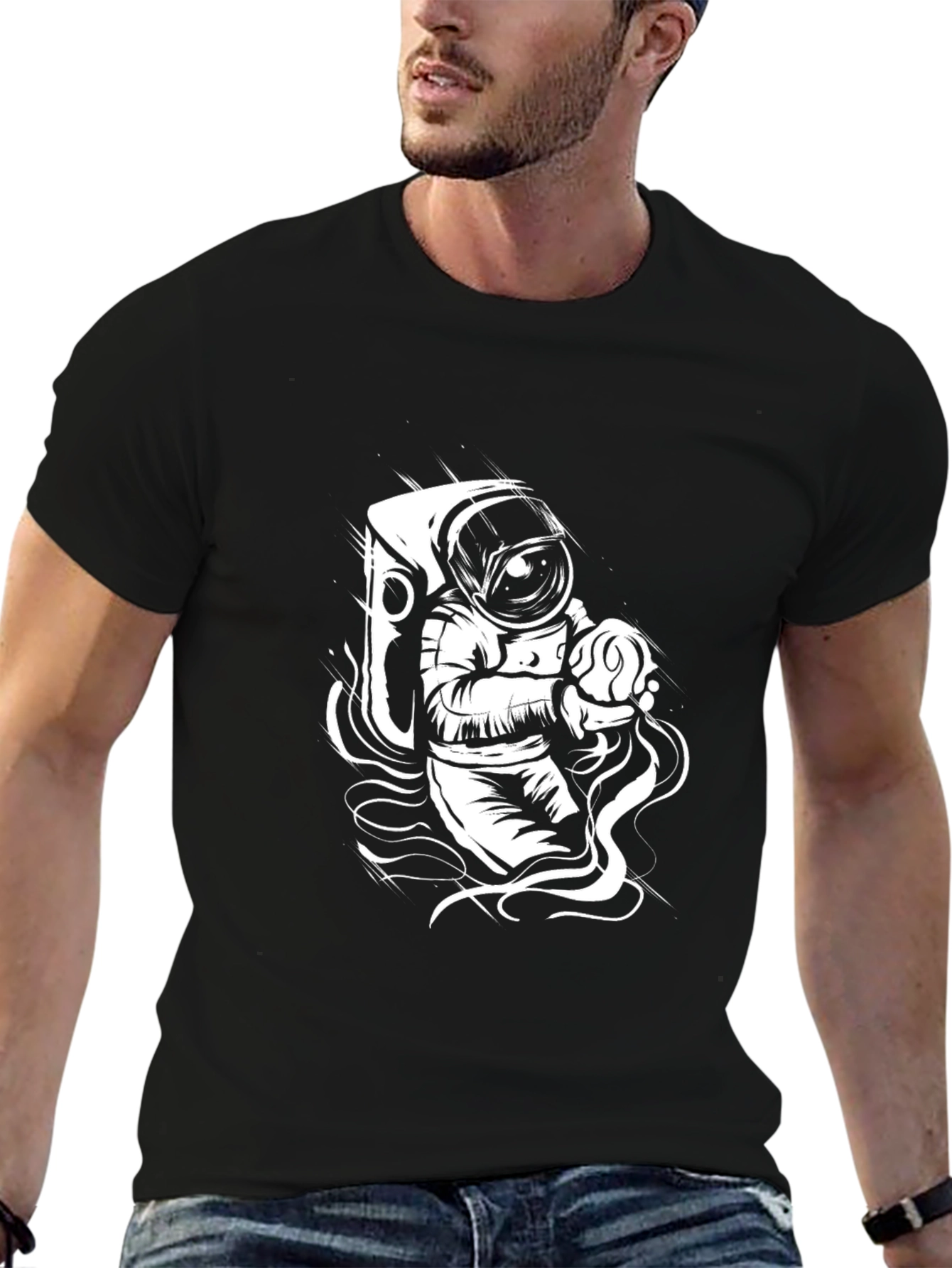 Astronaut Graphic Tee - Black Cotton Crew Neck T-Shirt