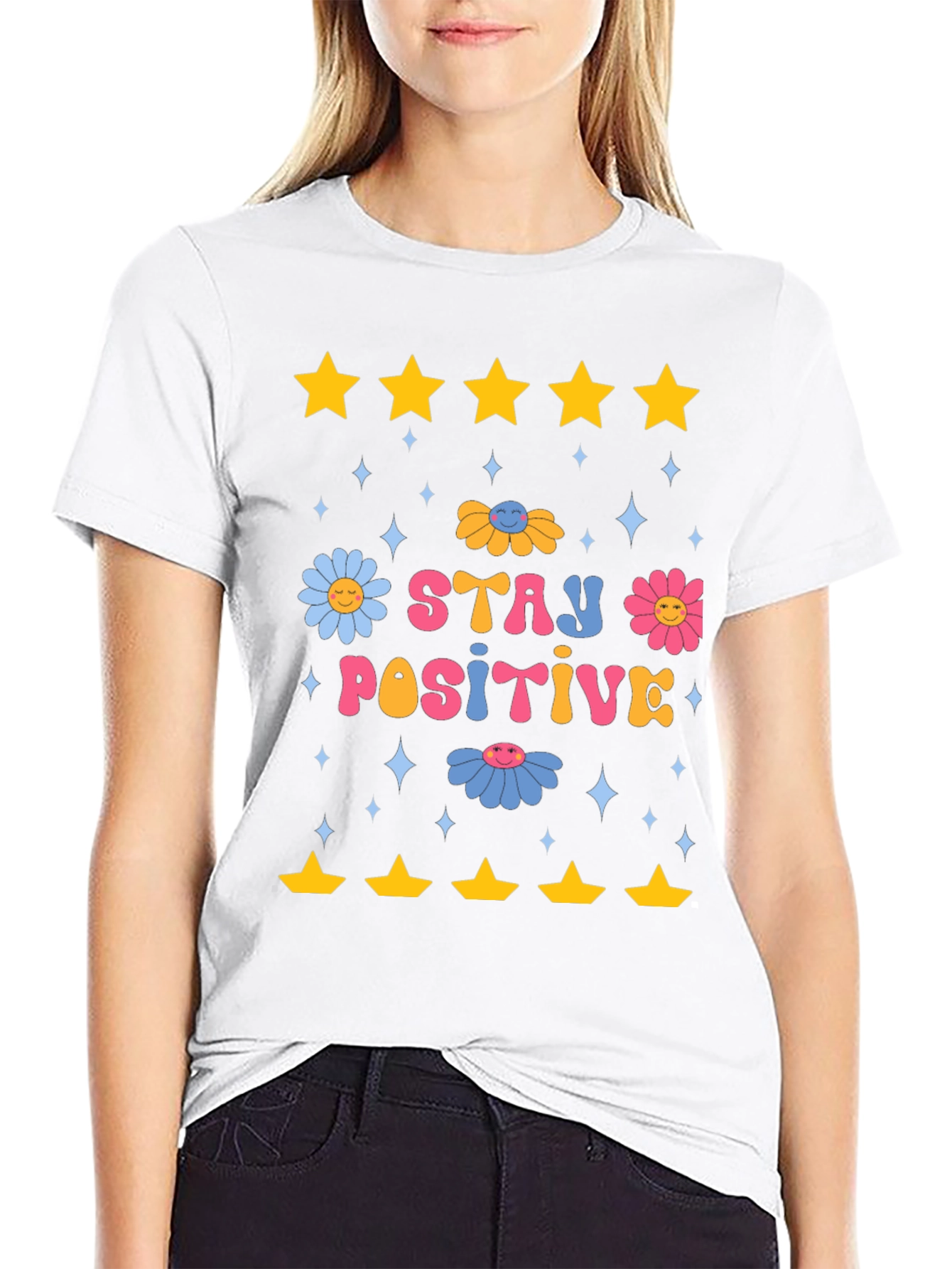 Stay Positive Graphic Tee - Retro Floral Design