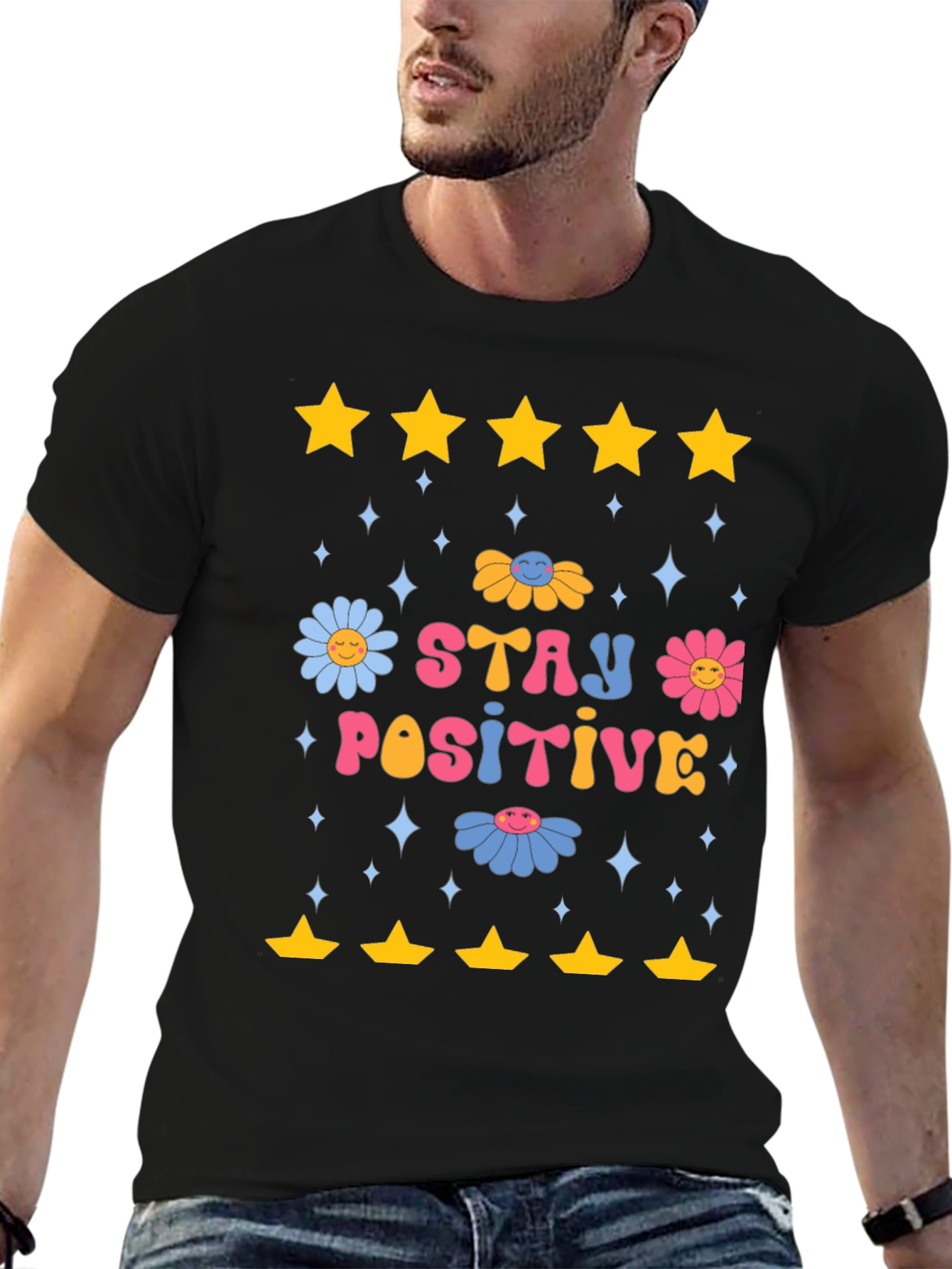 Stay Positive Graphic Tee - Retro Floral Design