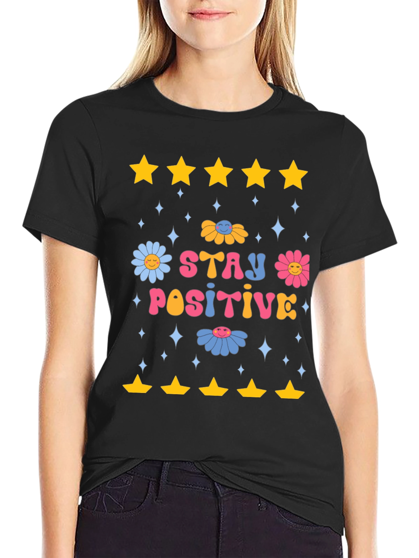 Stay Positive Graphic Tee - Retro Floral Design