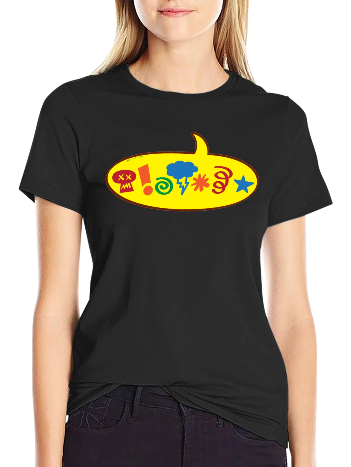 Black T-Shirt with Cartoon Speech Bubble Graphic