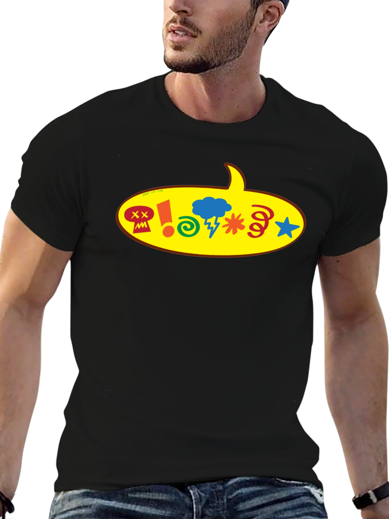 Black T-Shirt with Cartoon Speech Bubble Graphic