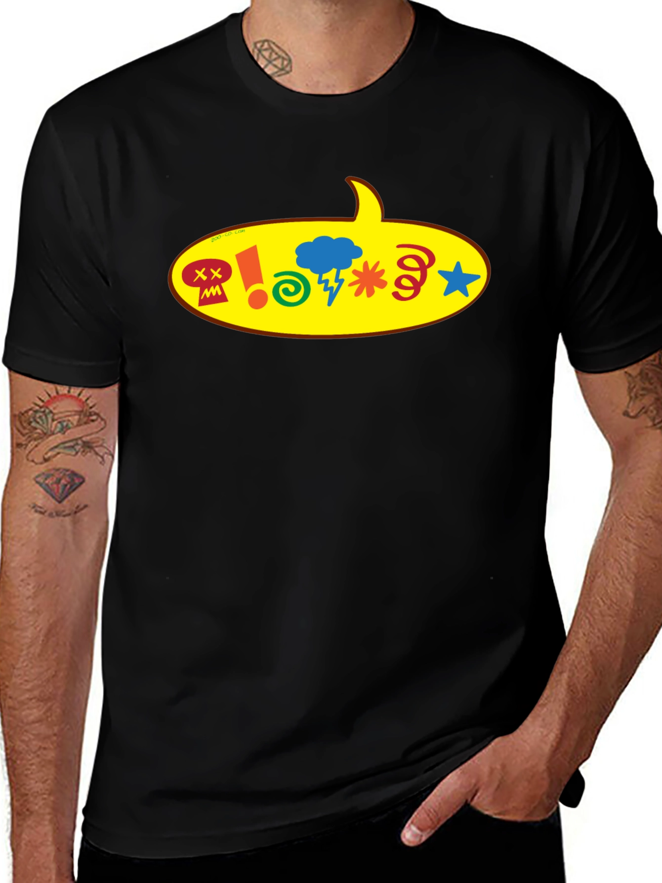 Black T-Shirt with Cartoon Speech Bubble Graphic