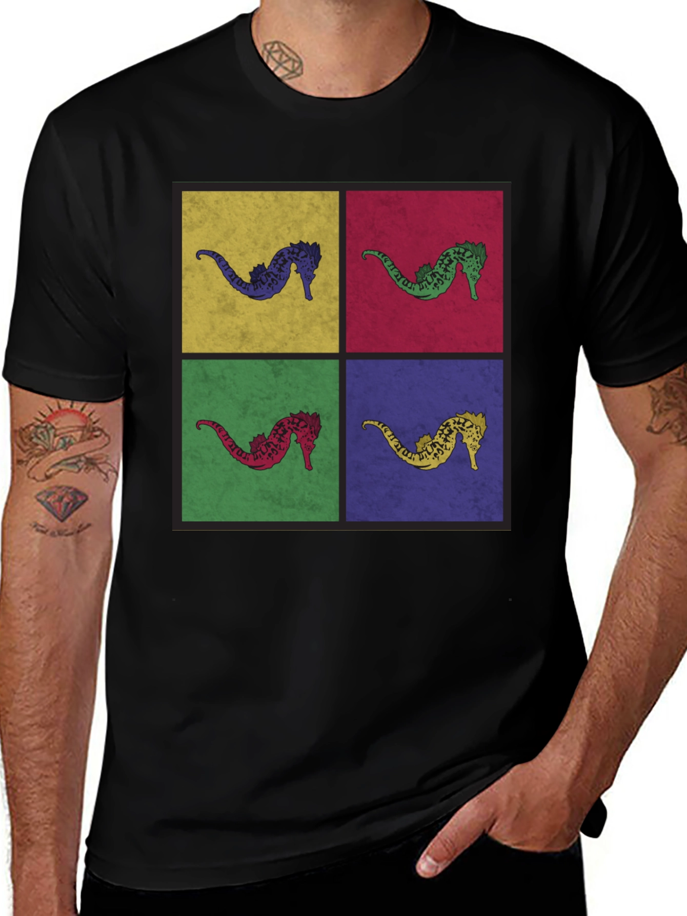 Pop Art Seahorse Graphic T-Shirt - Black
