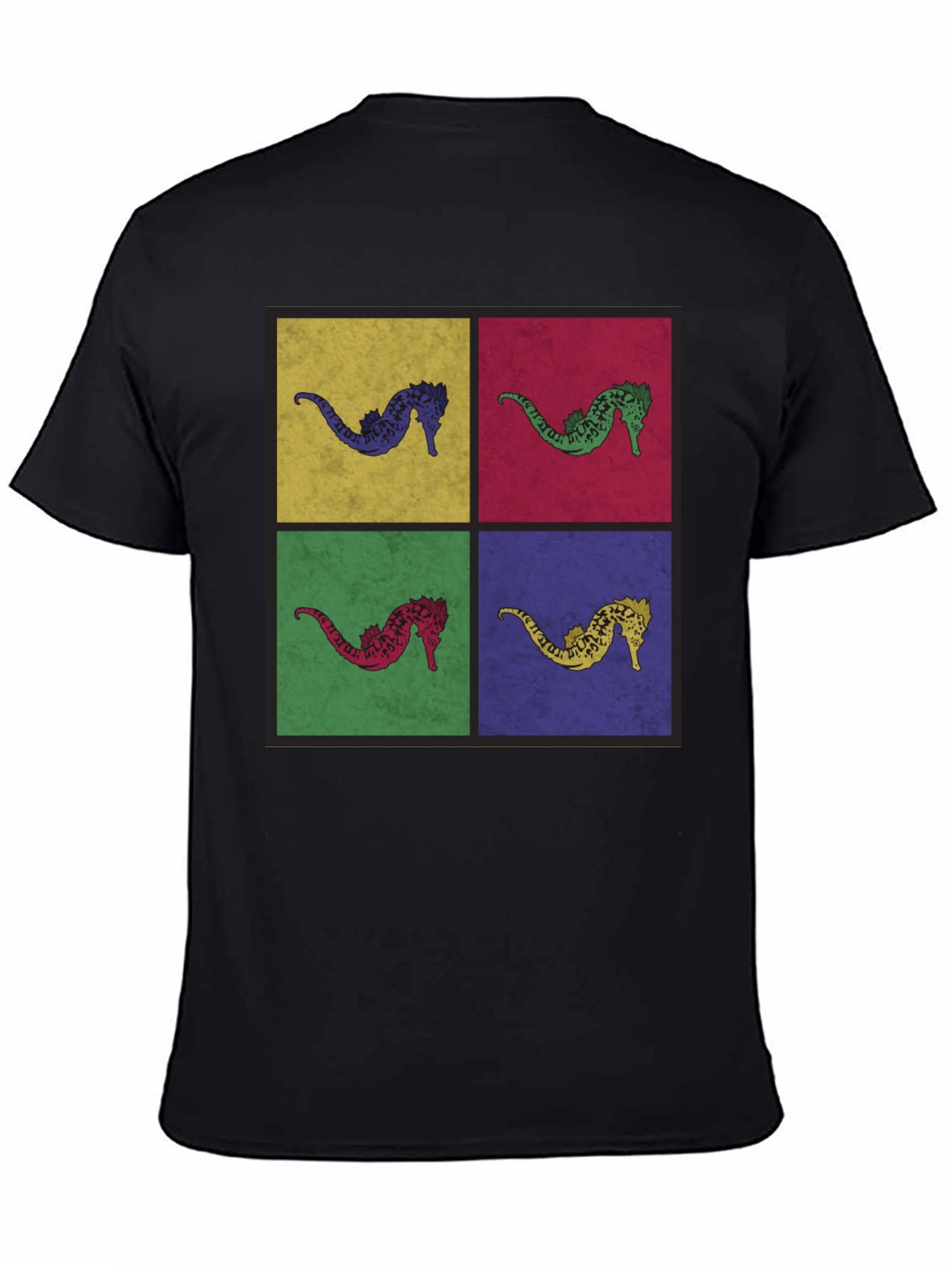 Pop Art Seahorse Graphic T-Shirt - Black