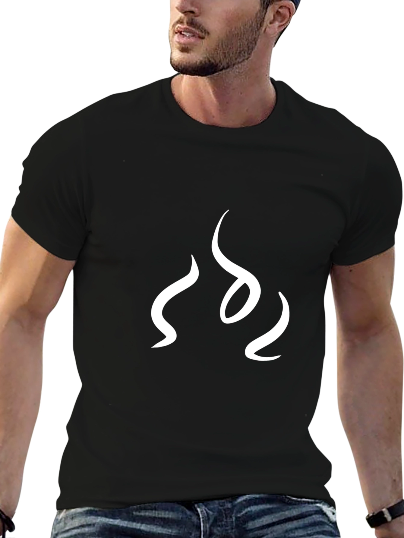 Mens Black T-Shirt with Abstract White Flame Design