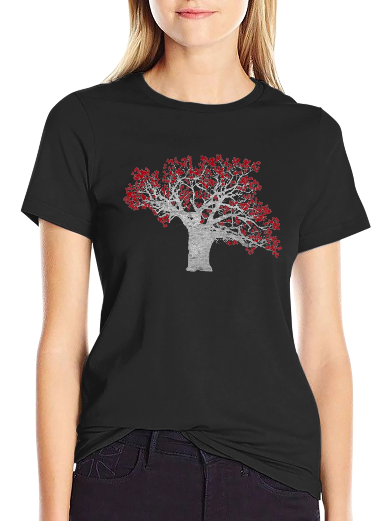 Red Leaf Tree Graphic Black Tee