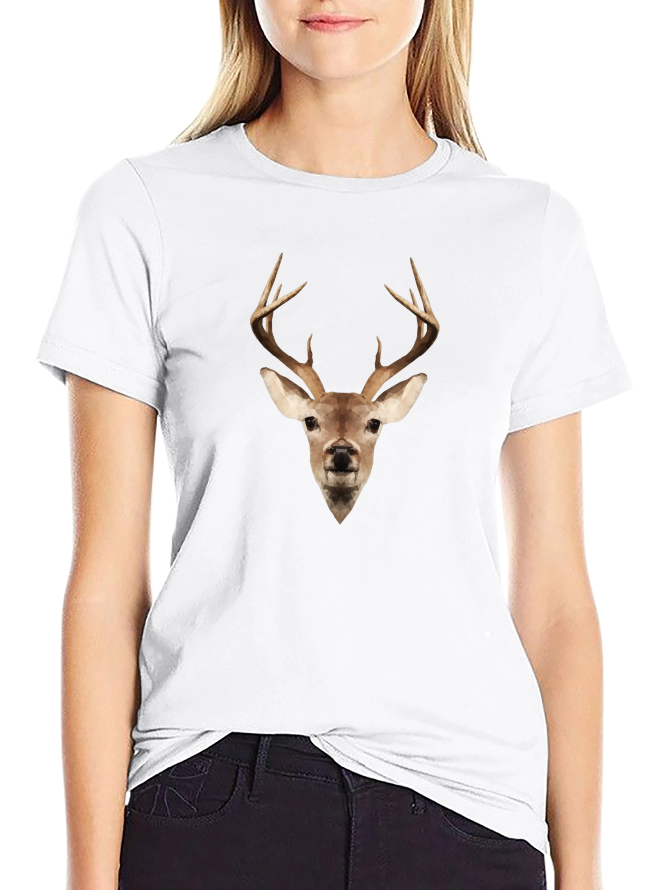 Geometric Deer Head Black Tee - Modern Wildlife Style
