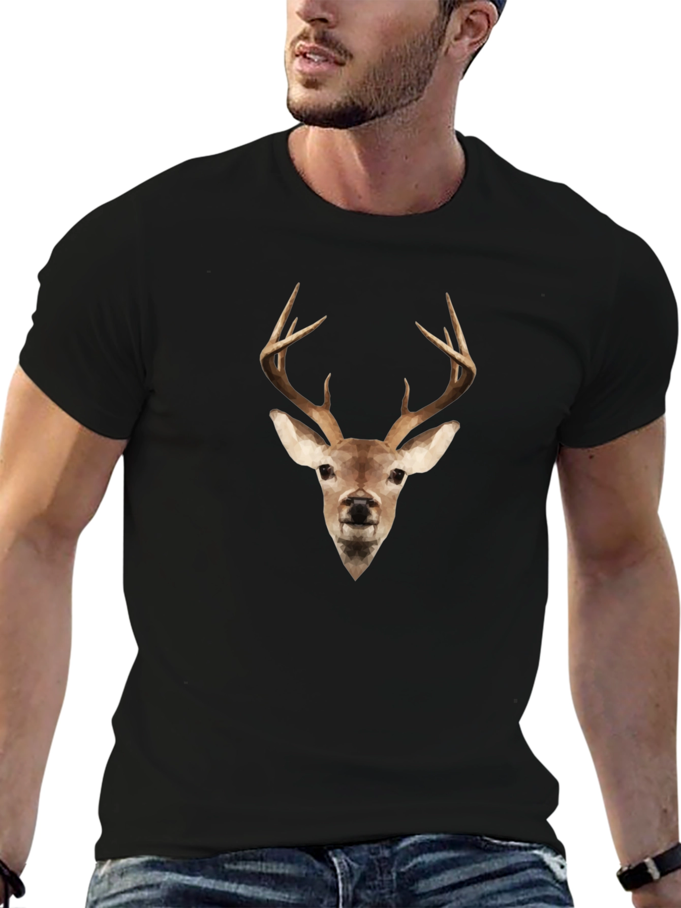 Geometric Deer Head Black Tee - Modern Wildlife Style