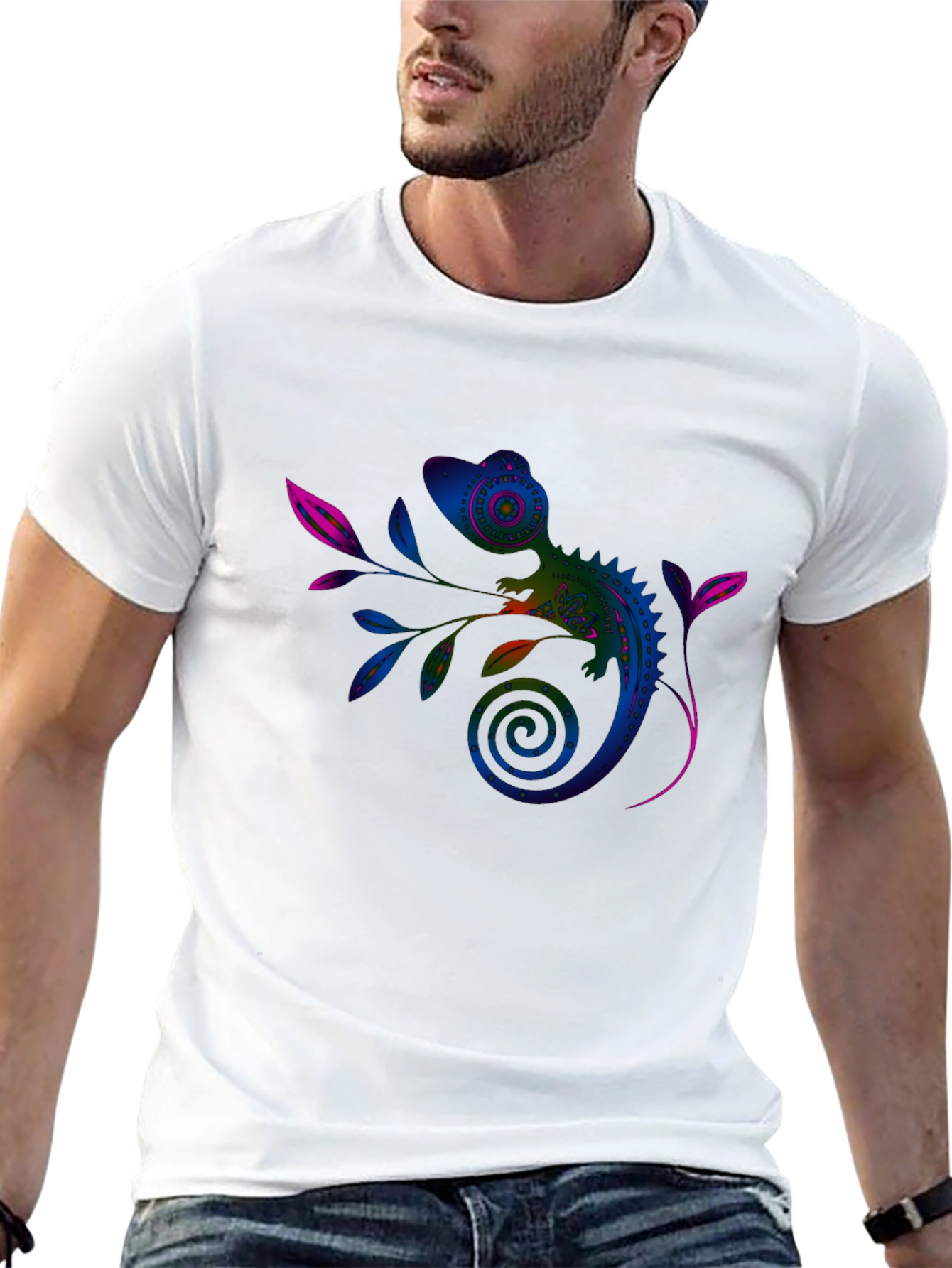 Vivid Chameleon Graphic Tee - Black Casual T-Shirt