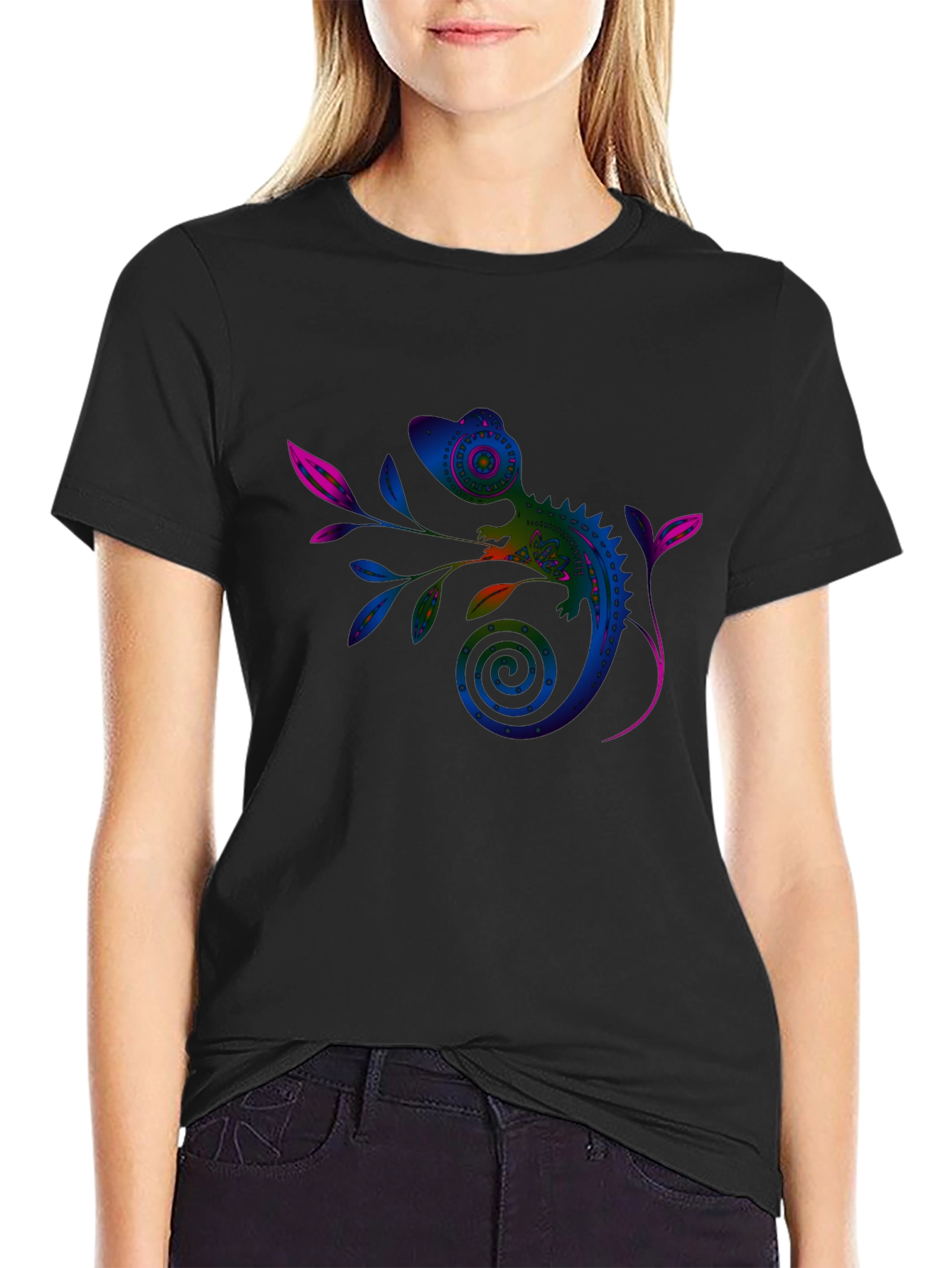 Vivid Chameleon Graphic Tee - Black Casual T-Shirt