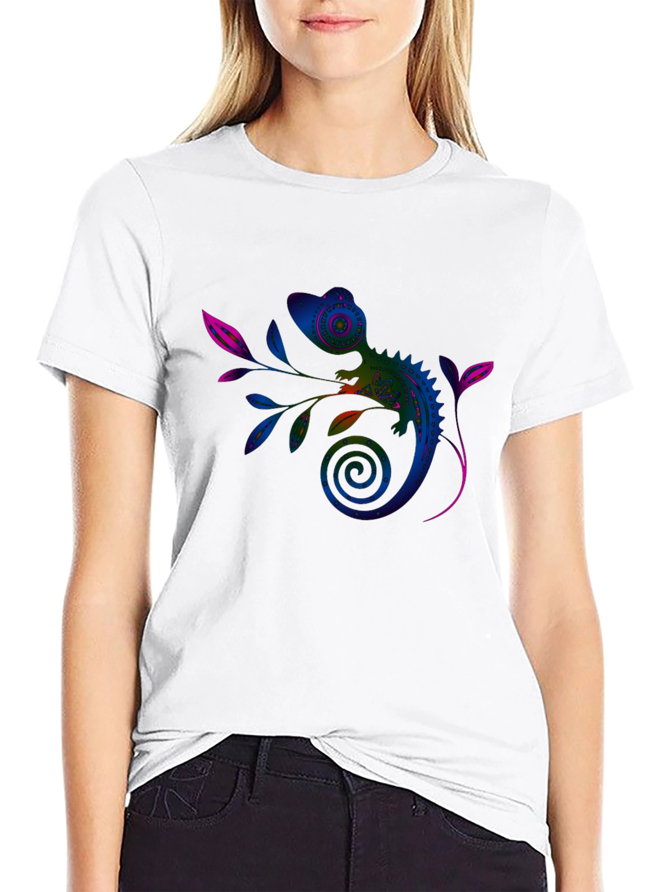 Vivid Chameleon Graphic Tee - Black Casual T-Shirt