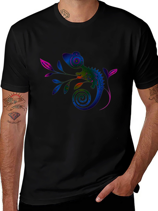 Vivid Chameleon Graphic Tee - Black Casual T-Shirt