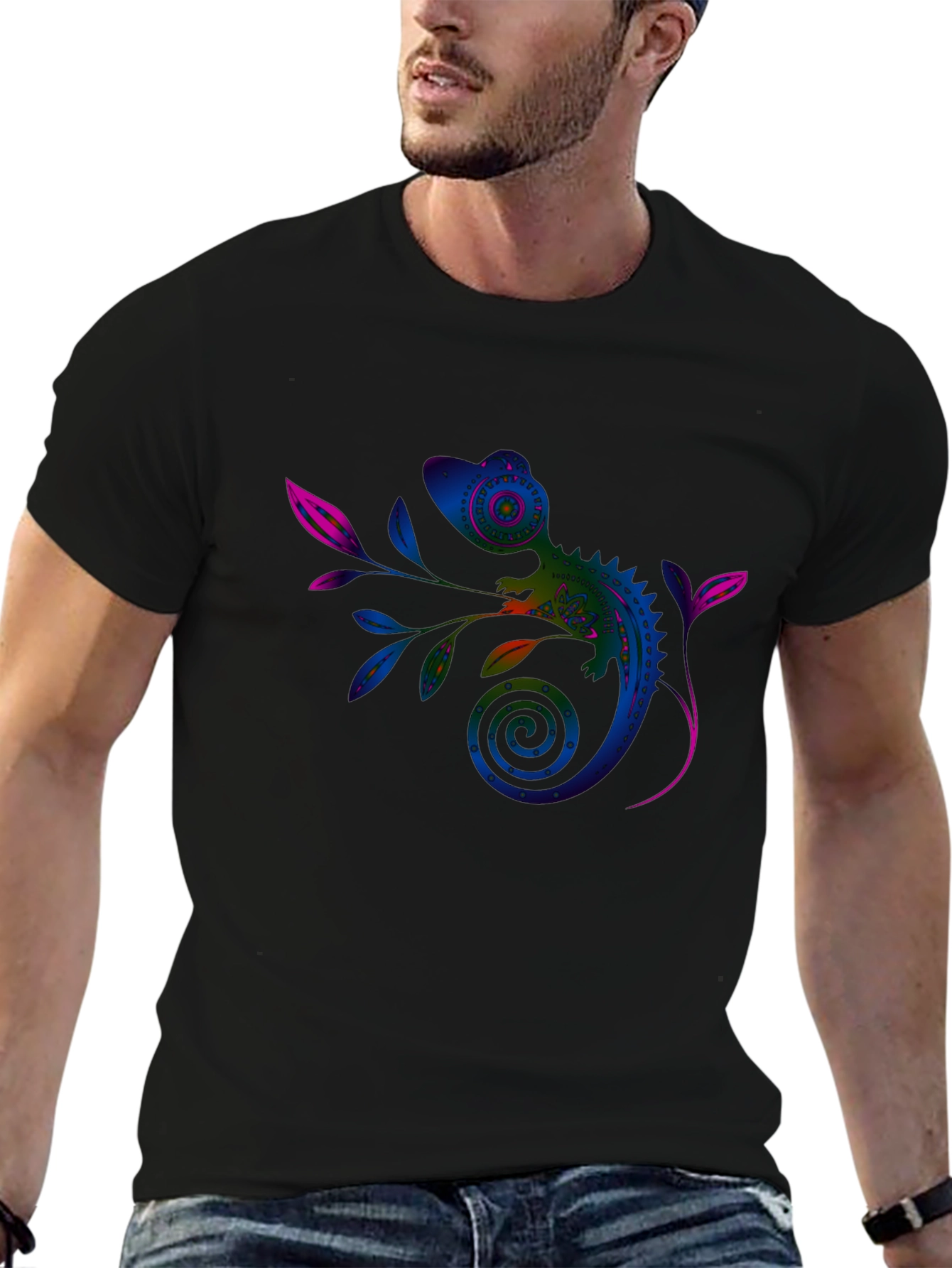 Vivid Chameleon Graphic Tee - Black Casual T-Shirt