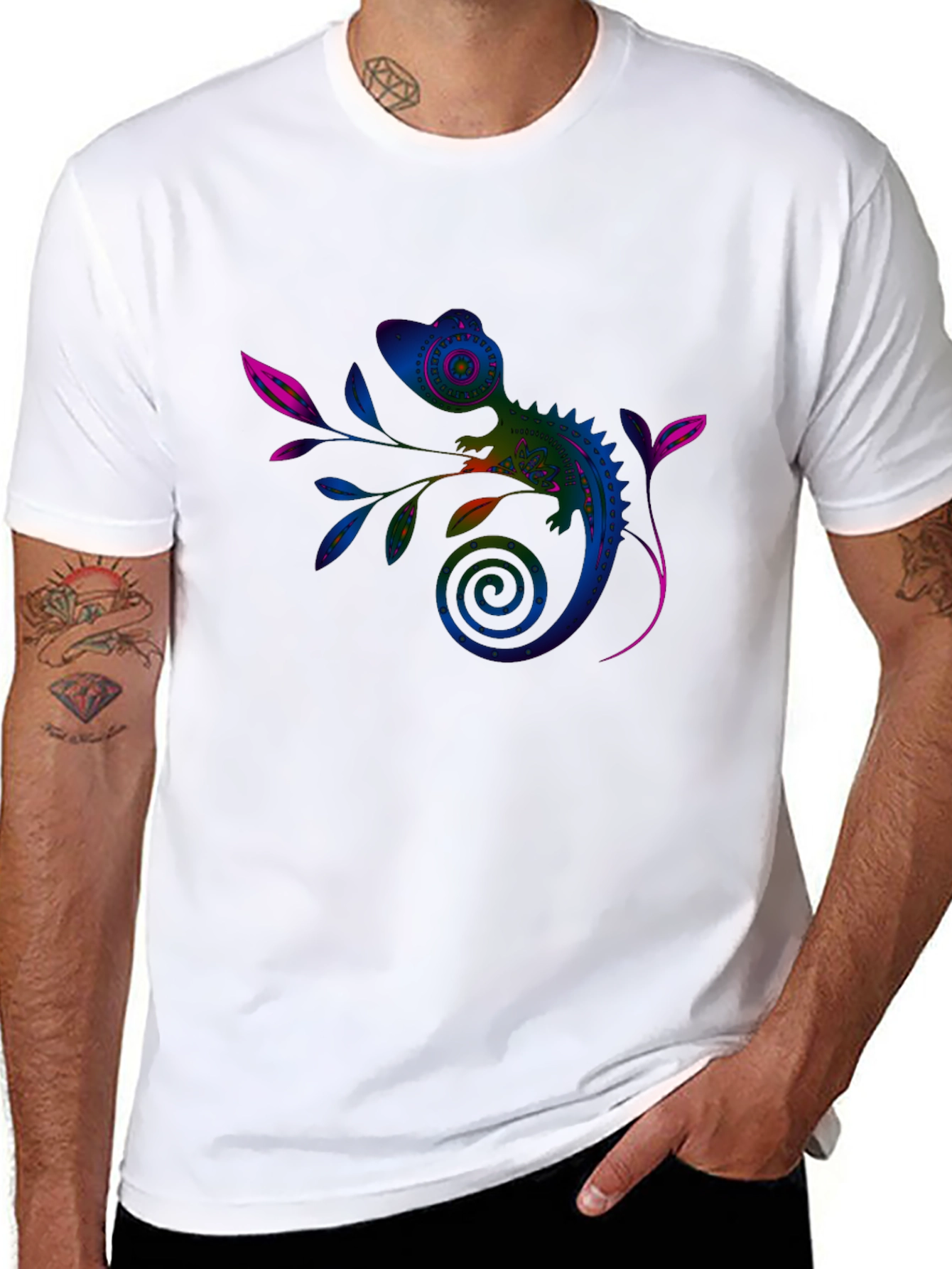 Vivid Chameleon Graphic Tee - Black Casual T-Shirt