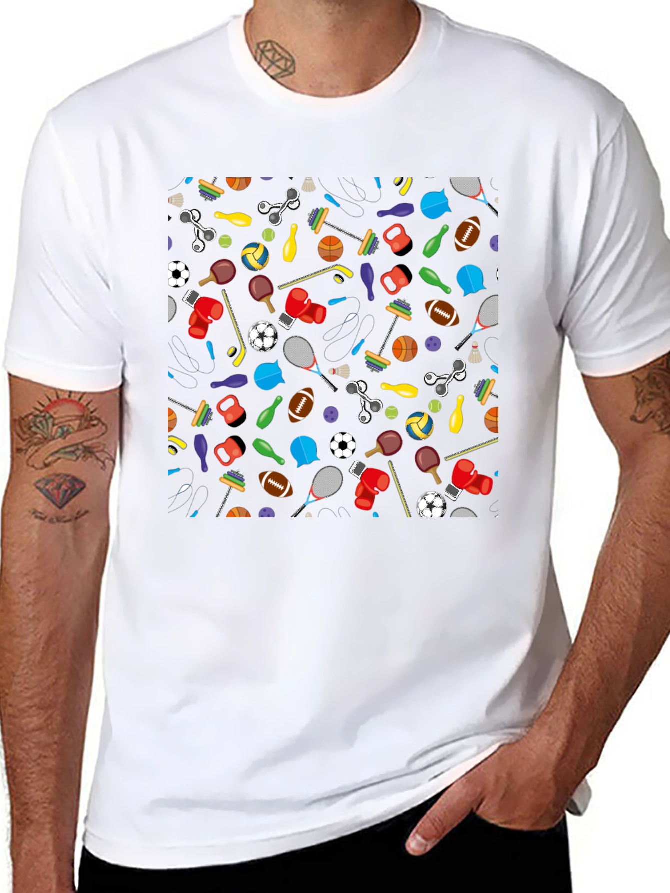 Fun Sports Pattern Black T-Shirt