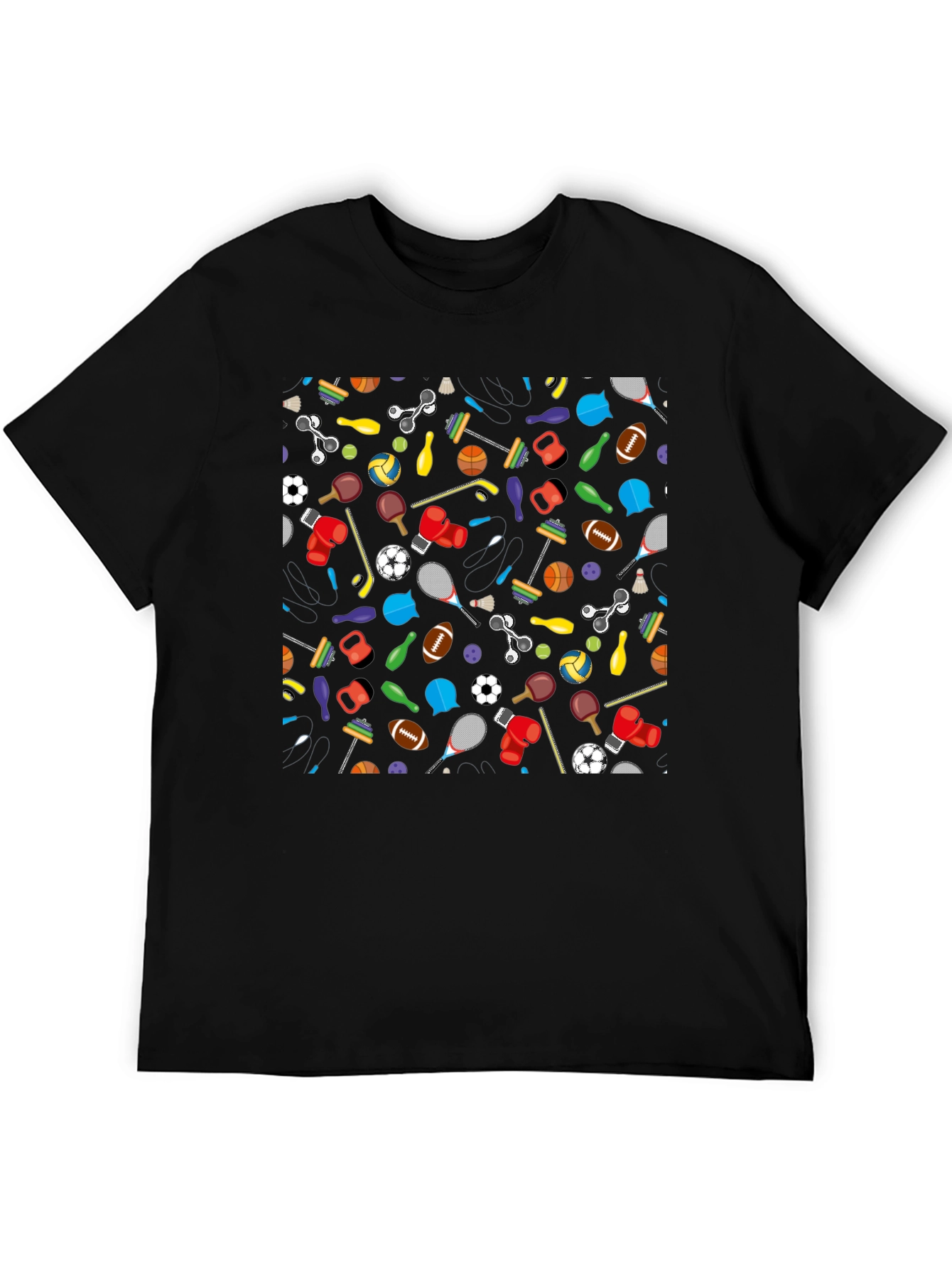 Fun Sports Pattern Black T-Shirt