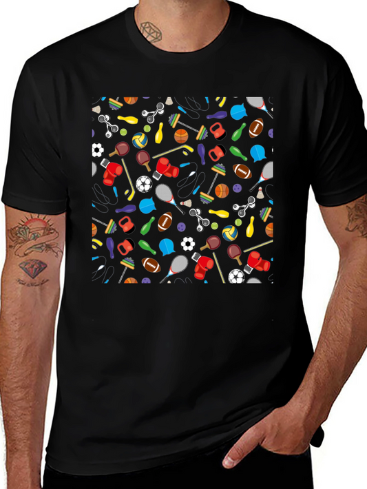 Fun Sports Pattern Black T-Shirt