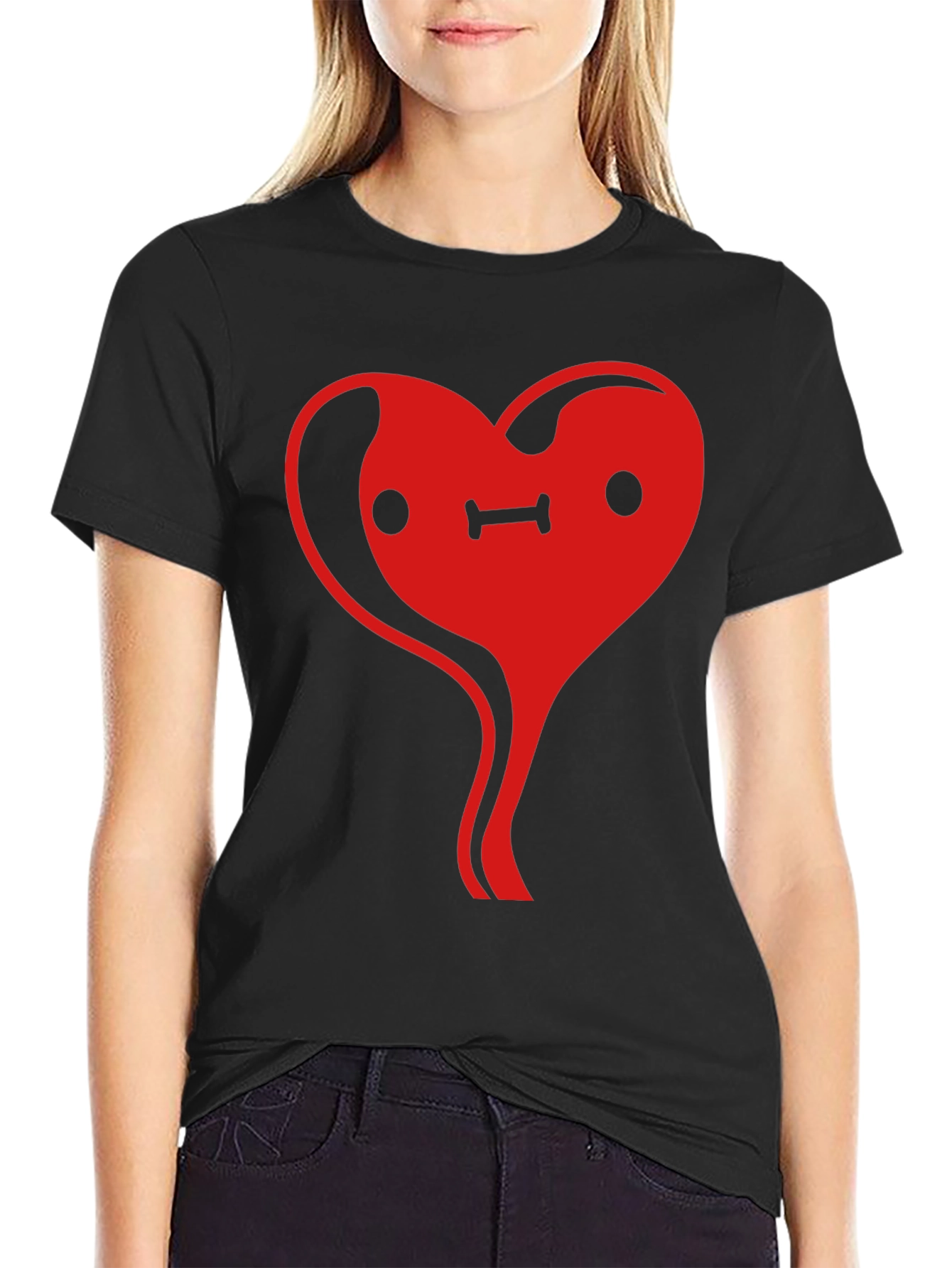 Heart Face Graphic Tee - Black Cotton Casual T-Shirt