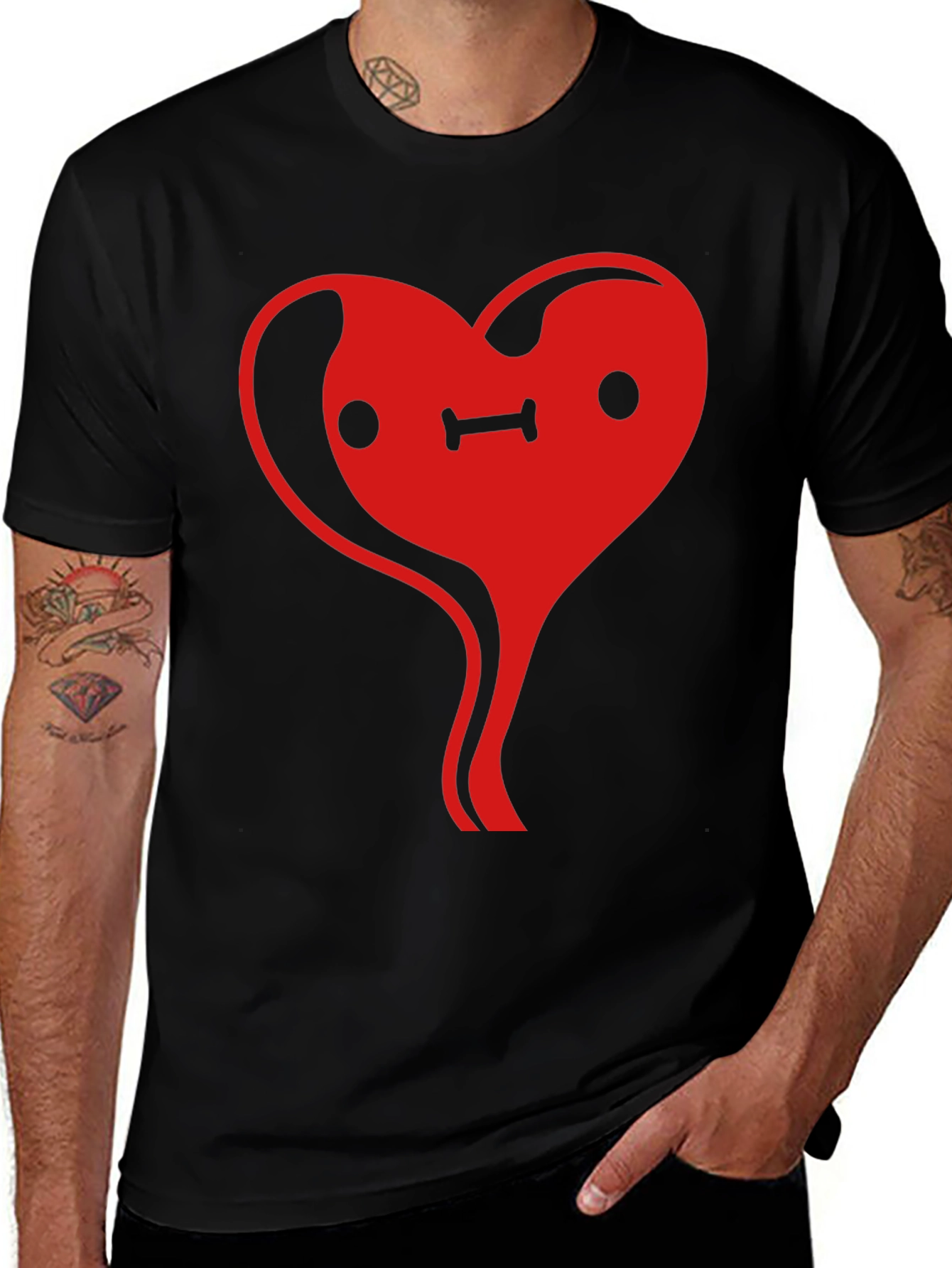 Heart Face Graphic Tee - Black Cotton Casual T-Shirt