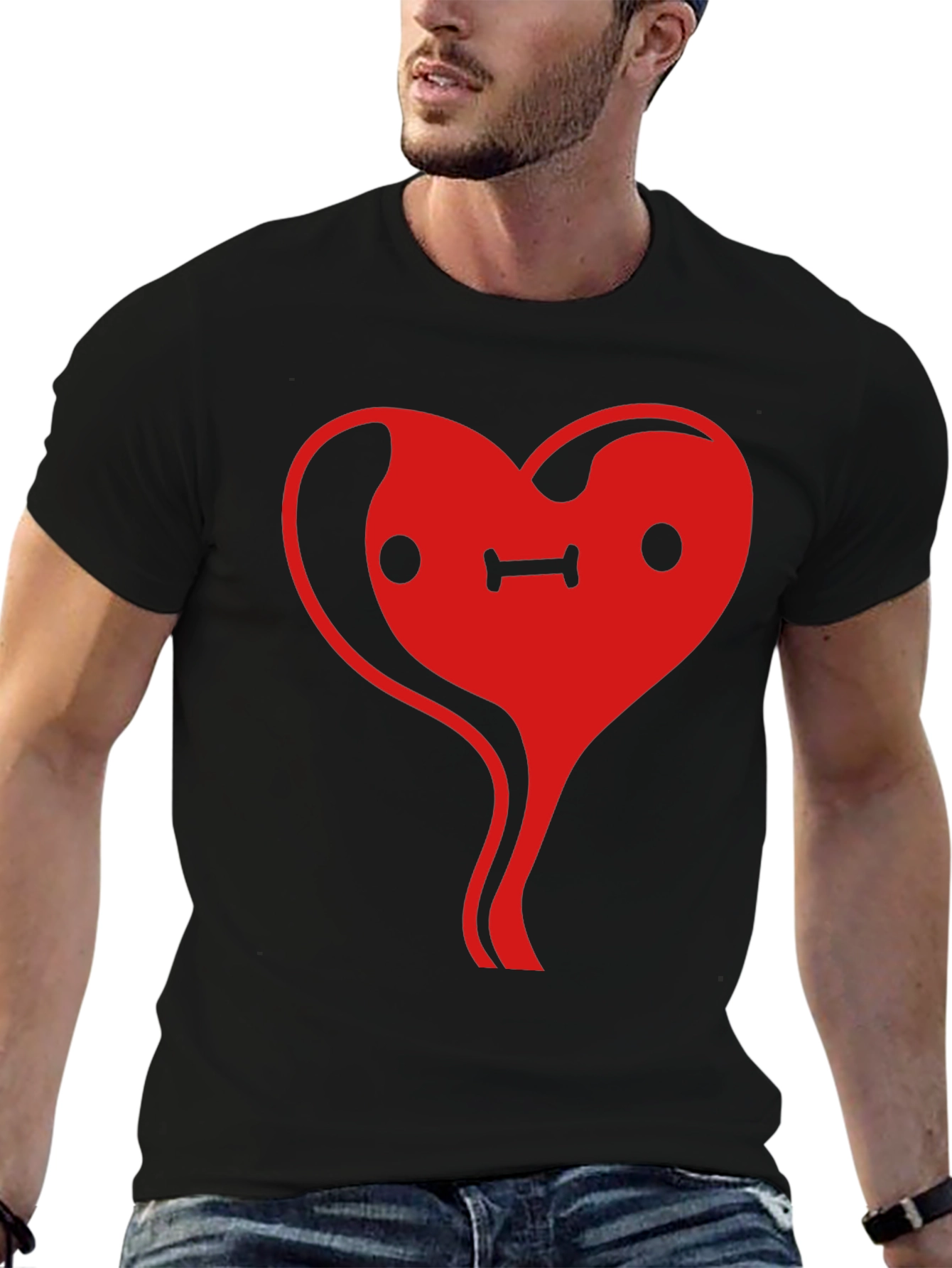 Heart Face Graphic Tee - Black Cotton Casual T-Shirt