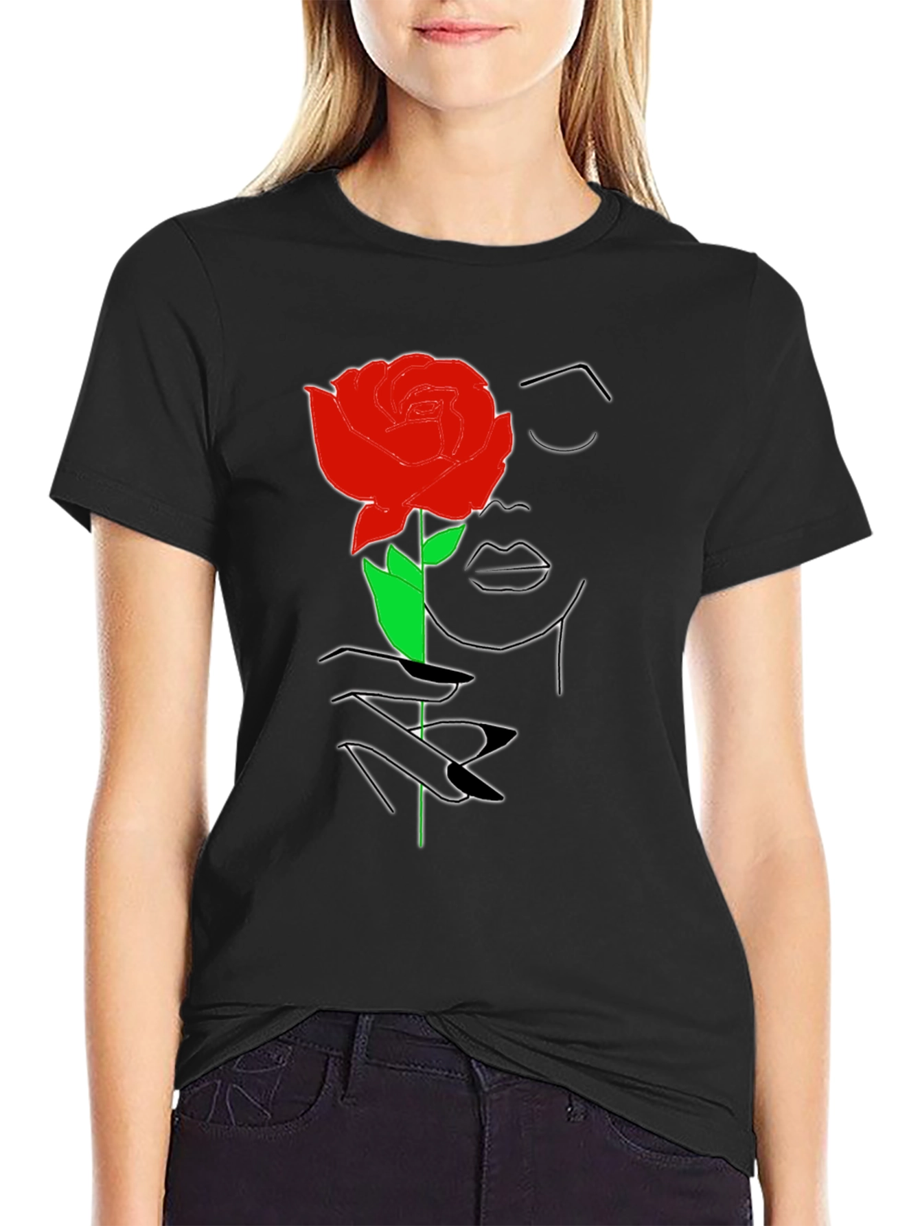 Rose Woman Graphic Tee - Stylish Line Art T-Shirt