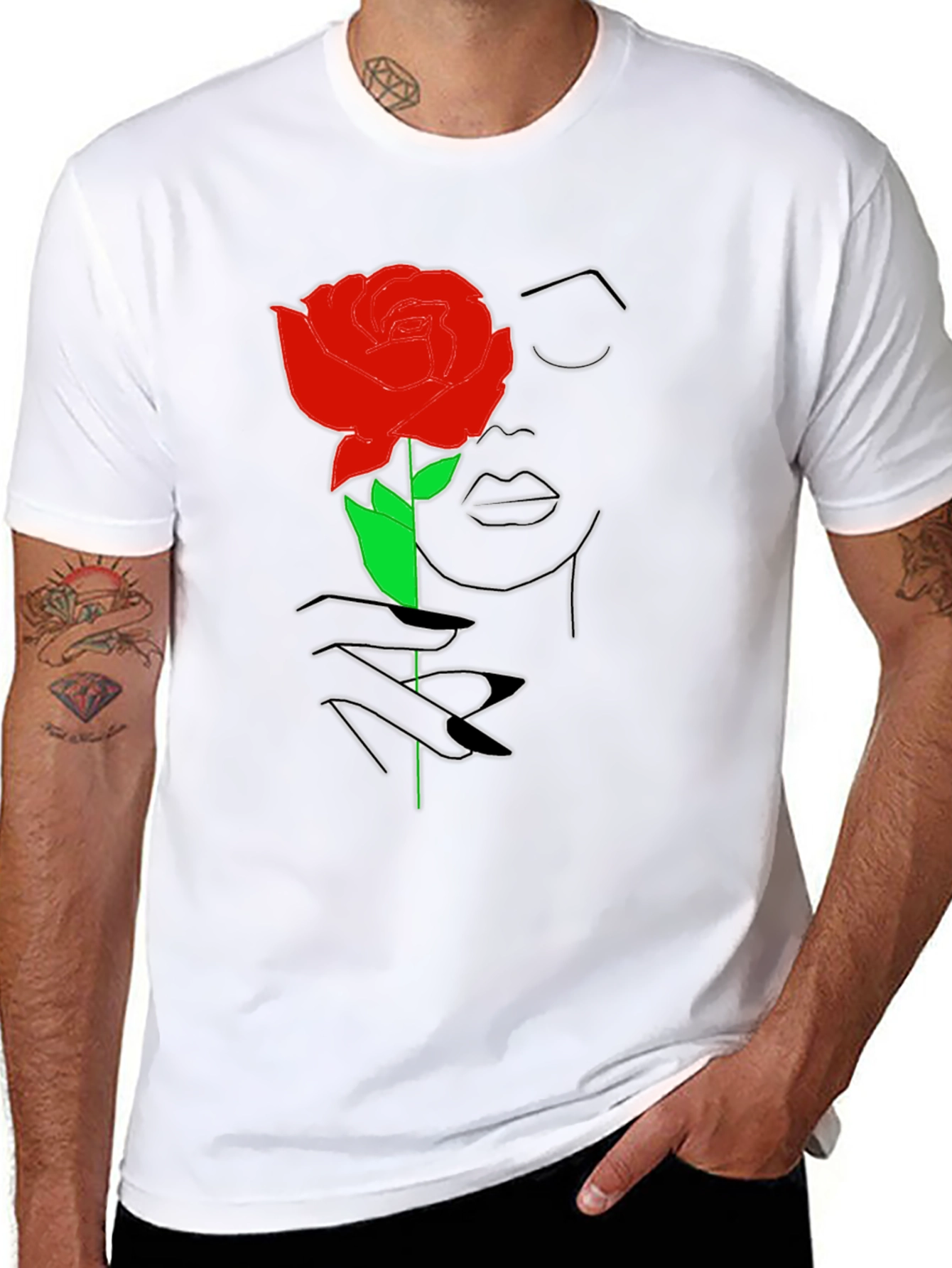 Rose Woman Graphic Tee - Stylish Line Art T-Shirt