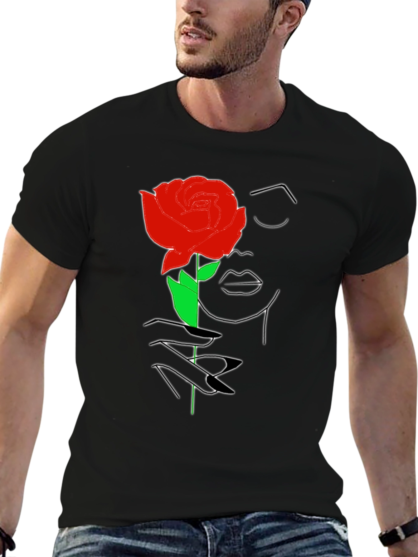 Rose Woman Graphic Tee - Stylish Line Art T-Shirt