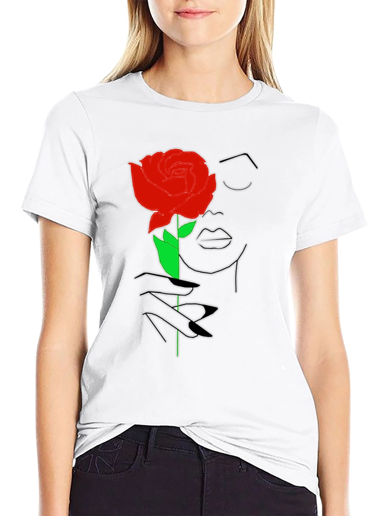 Rose Woman Graphic Tee - Stylish Line Art T-Shirt