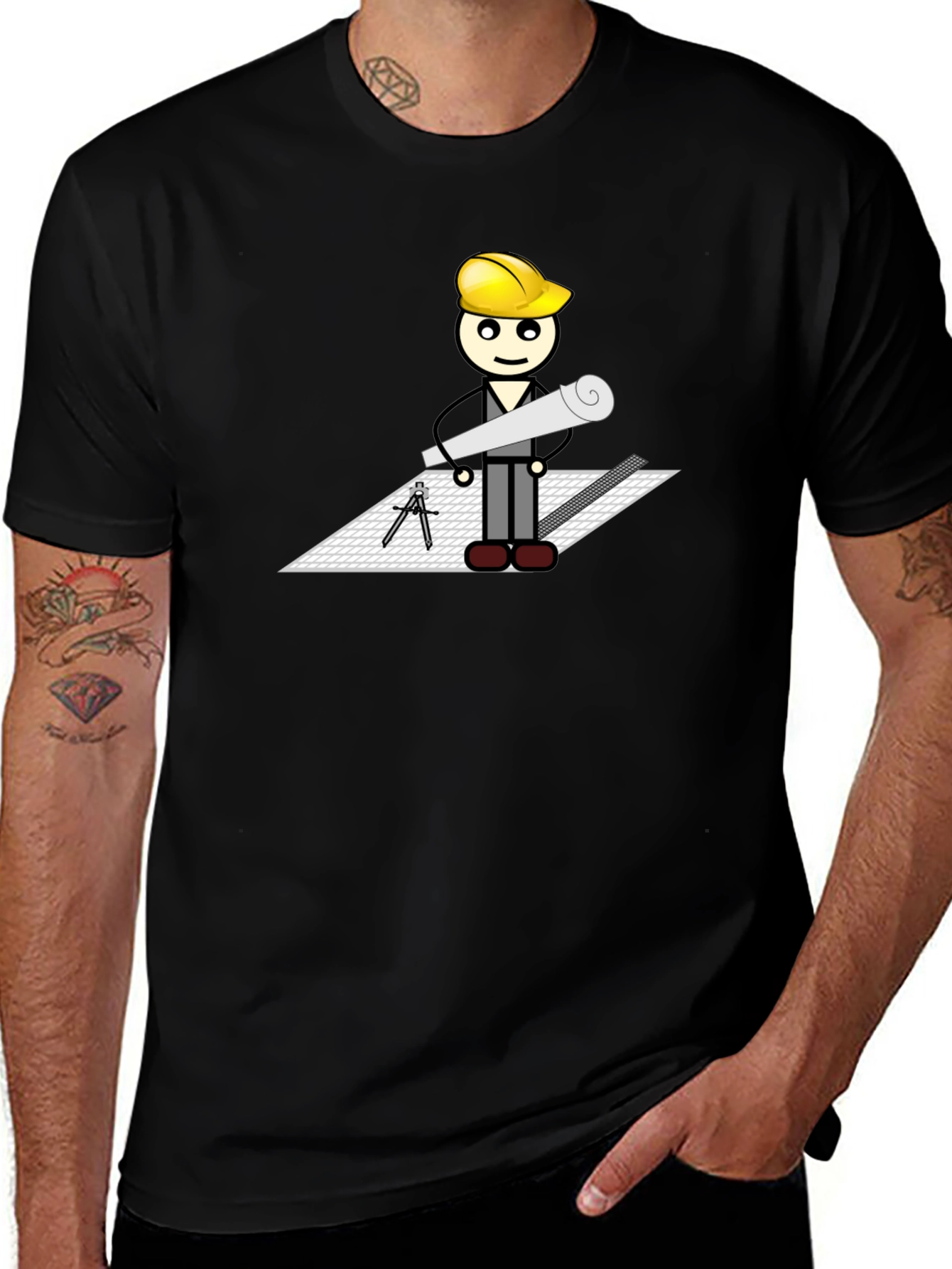 Cartoon Architect on Black T-Shirt