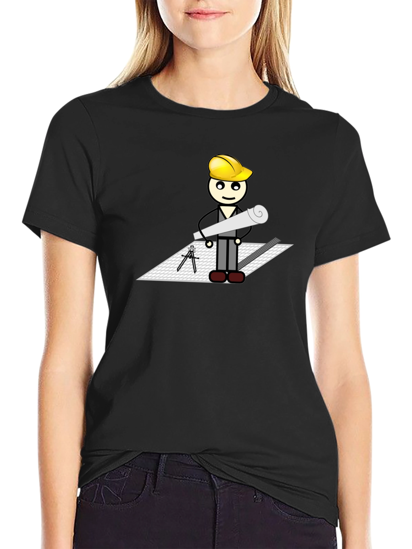 Cartoon Architect on Black T-Shirt