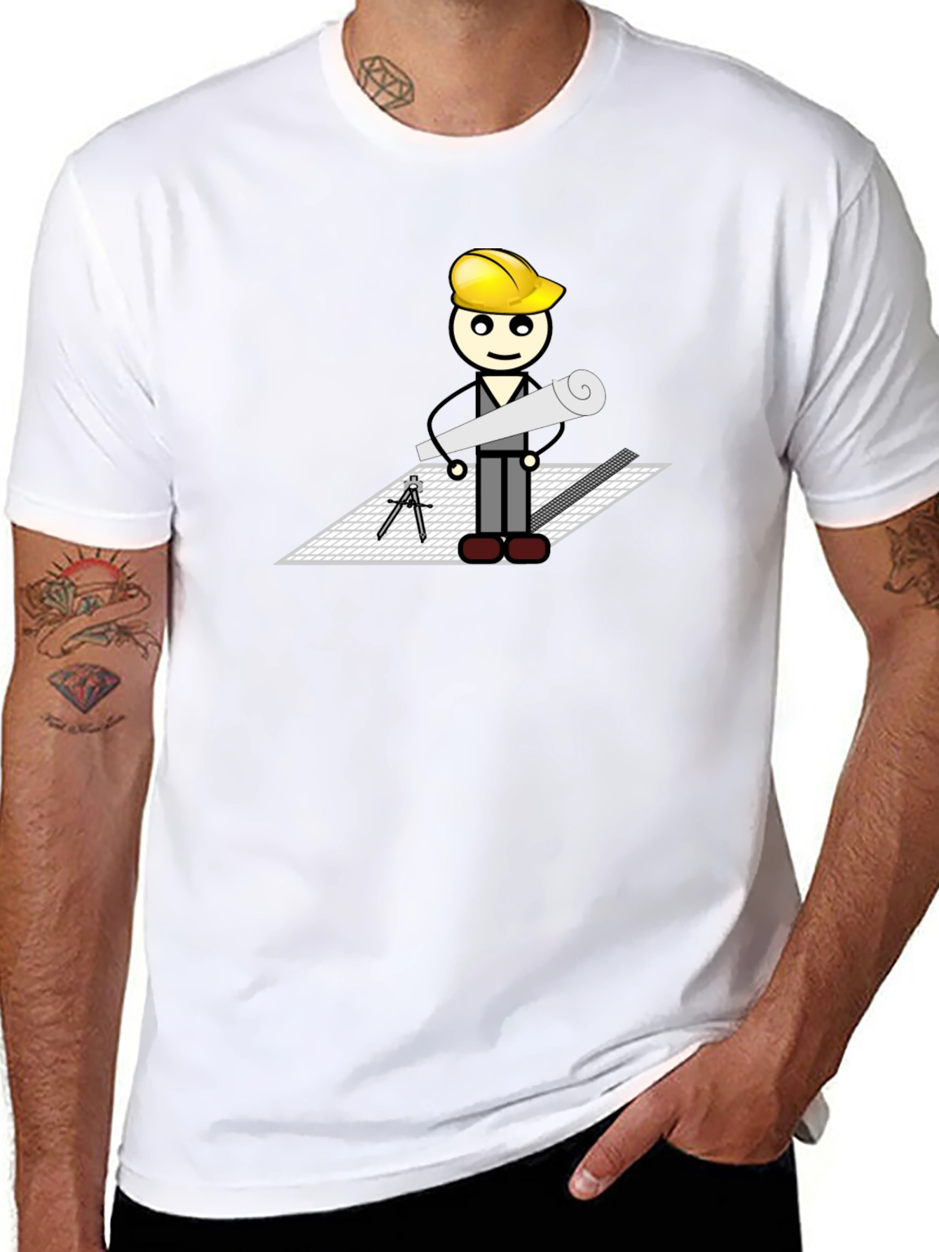 Cartoon Architect on Black T-Shirt