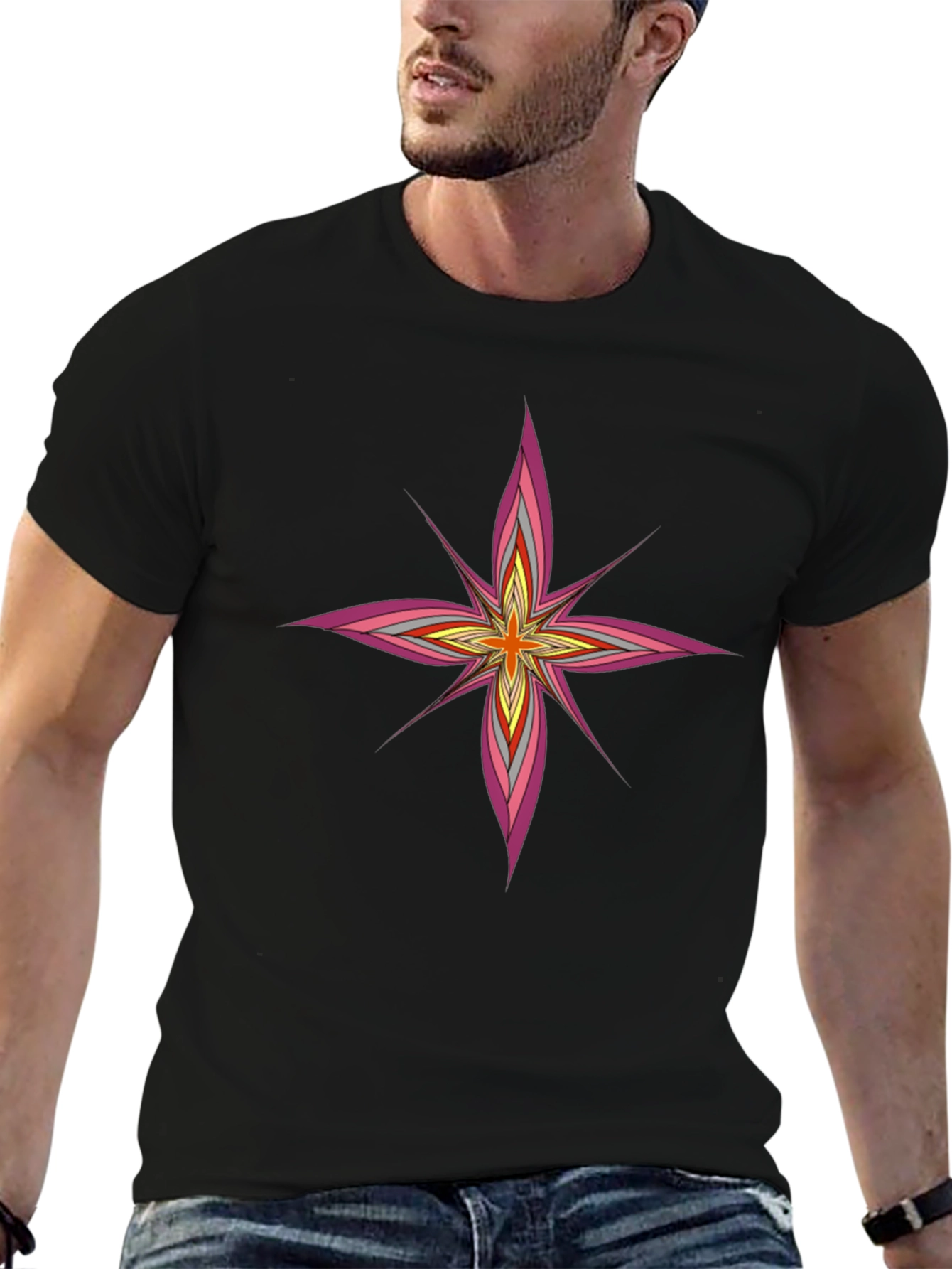 Modern Starburst Graphic Tee - Black Cotton Blend Shirt