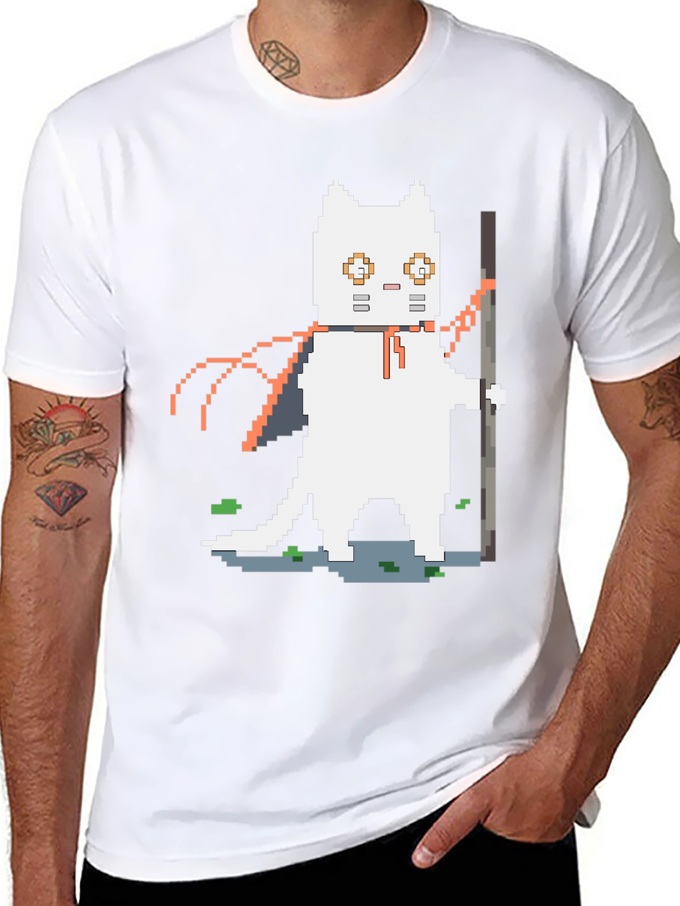Pixel Art Cat Warrior Graphic T-Shirt