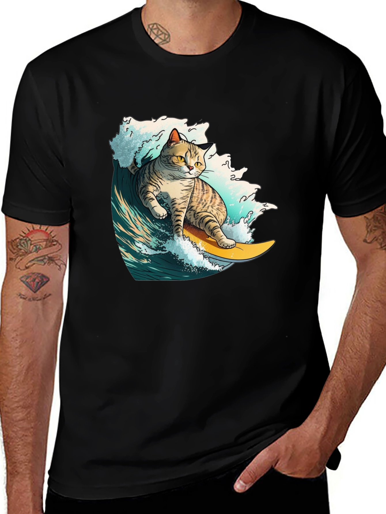 Surfing Cat Graphic T-Shirt - Cool Animal Tee