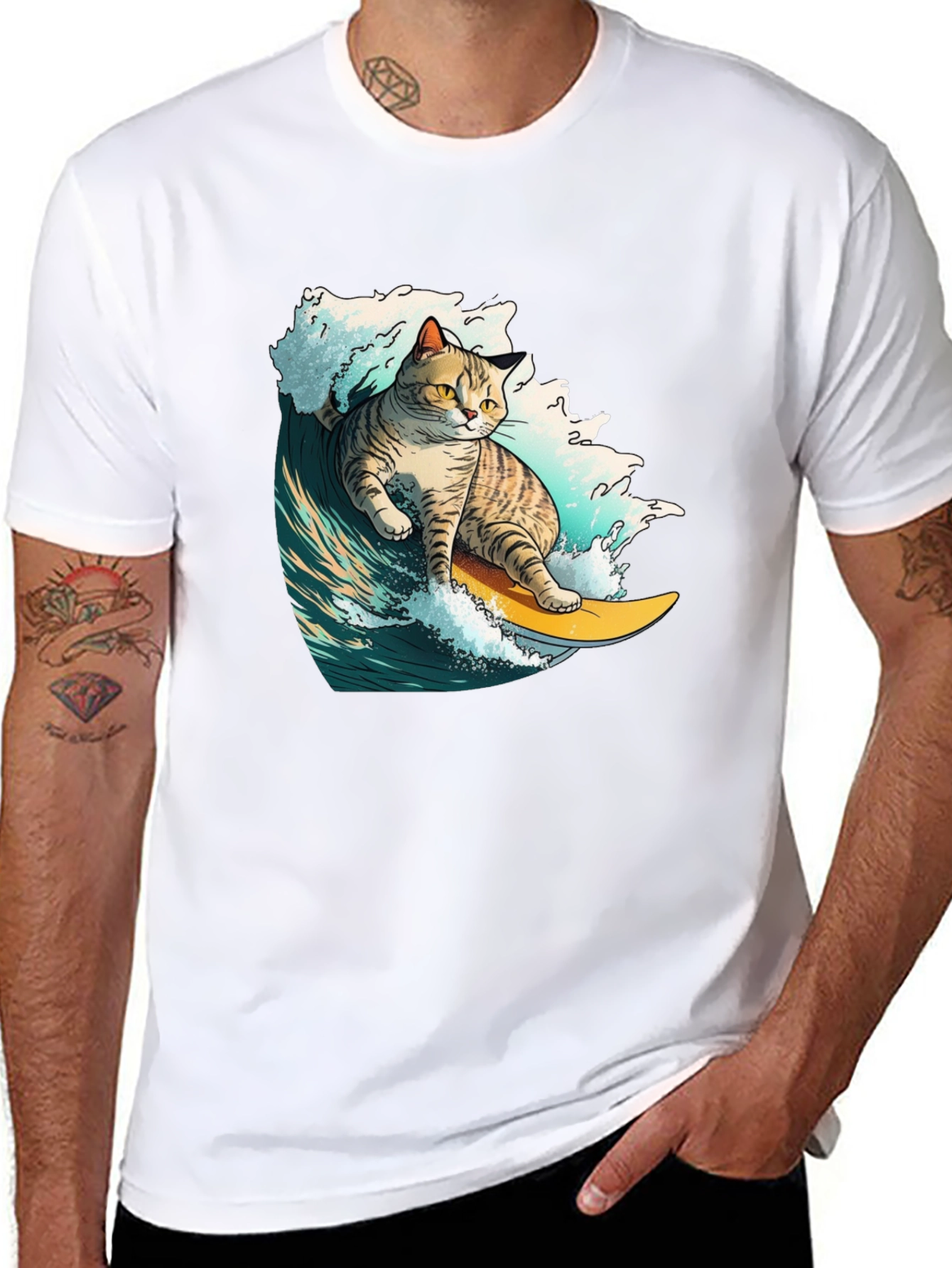 Surfing Cat Graphic T-Shirt - Cool Animal Tee