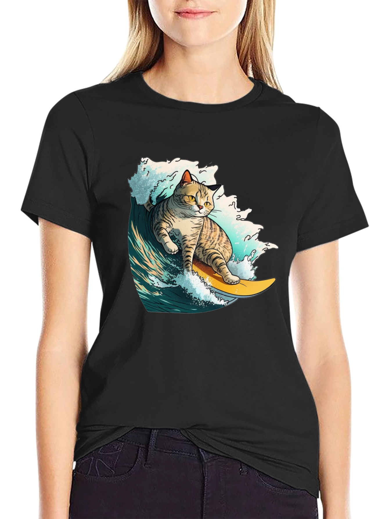Surfing Cat Graphic T-Shirt - Cool Animal Tee