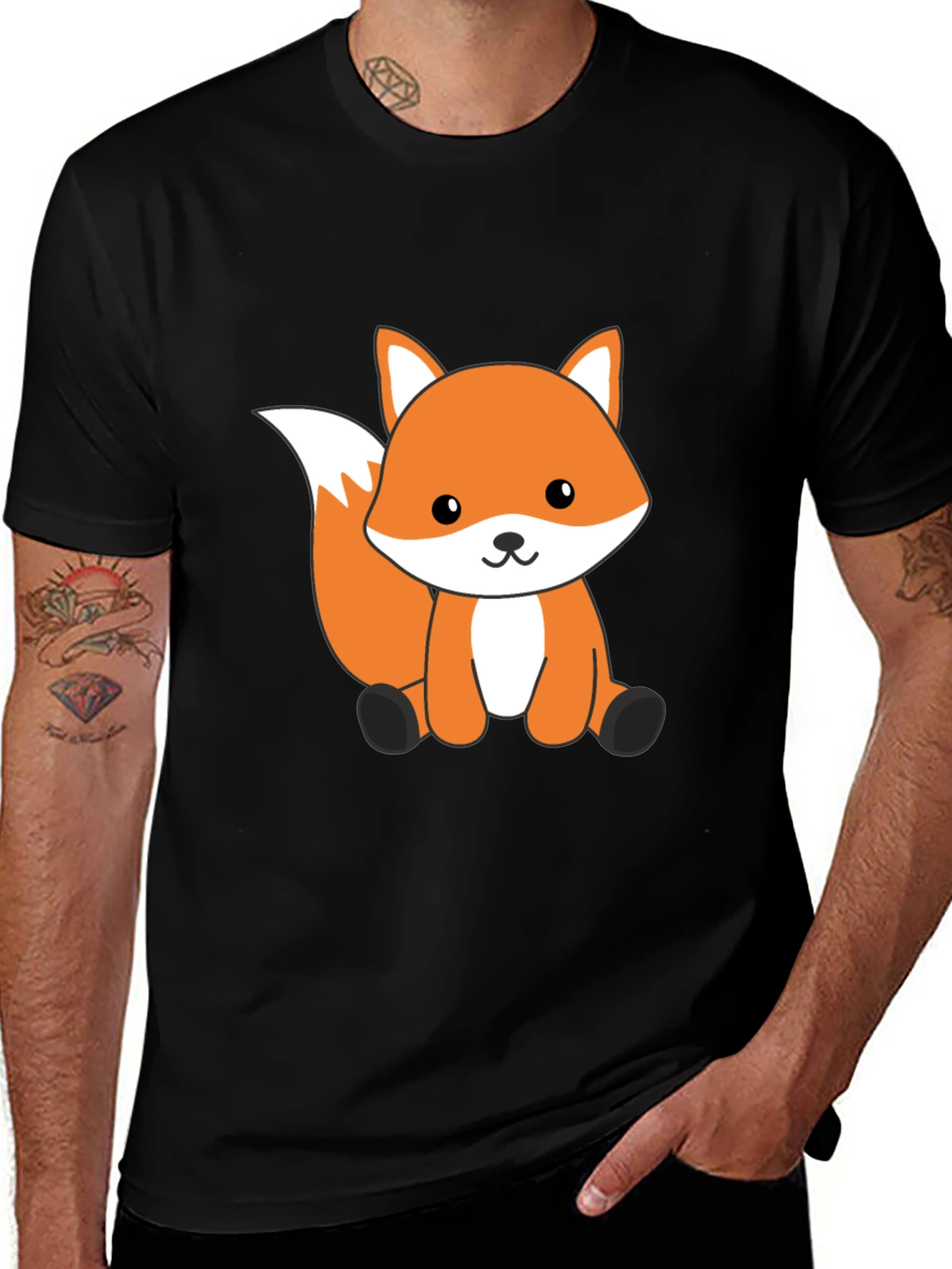 Cute Cartoon Fox Graphic T-Shirt - Black Cotton Tee