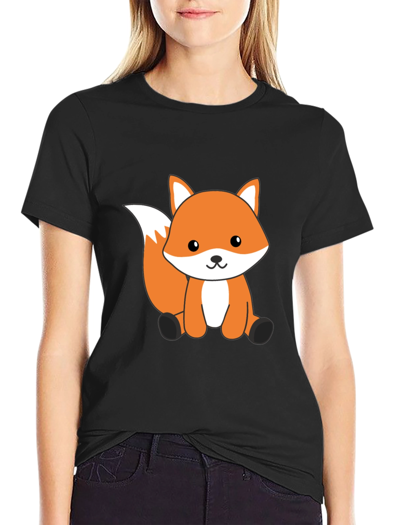Cute Cartoon Fox Graphic T-Shirt - Black Cotton Tee